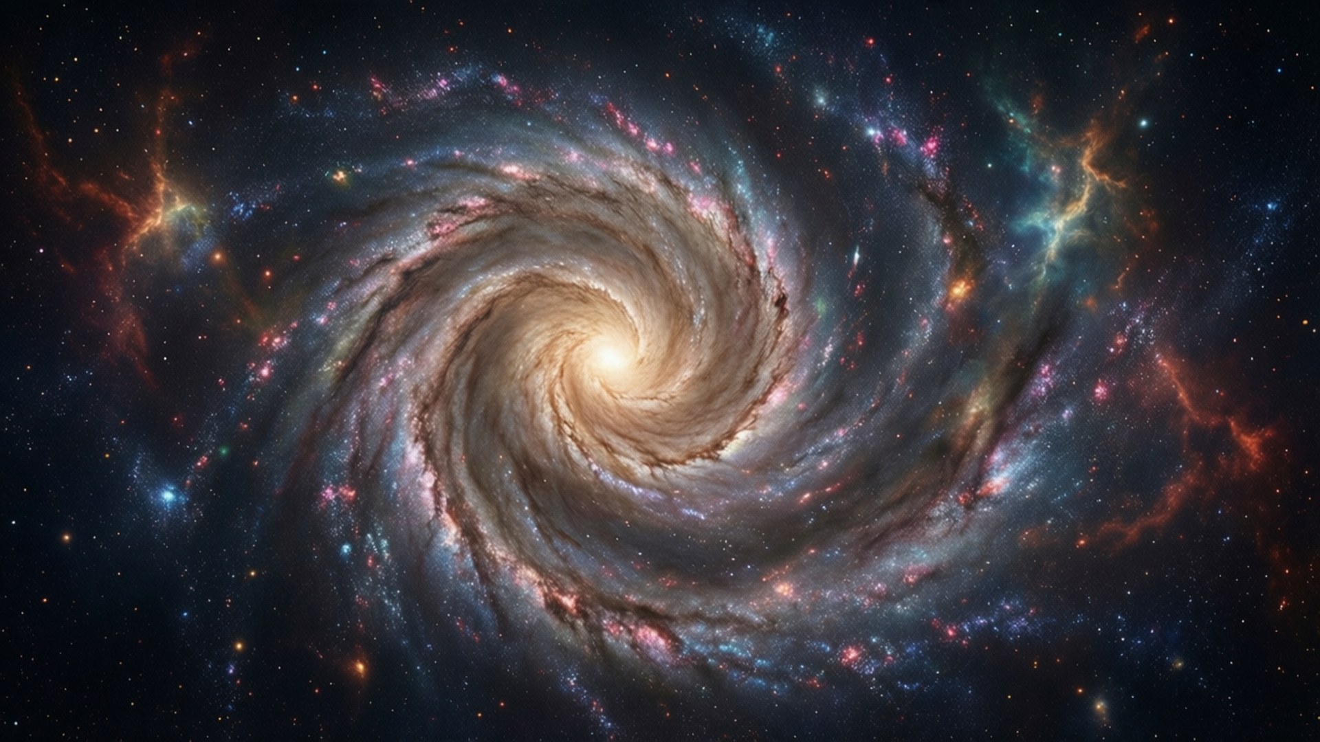 宇宙螺旋 壁紙 — 一個令人嘆為觀止的螺旋星系，在佈滿星辰的虛空中旋轉，伴隨著宇宙塵埃和發光的星雲。