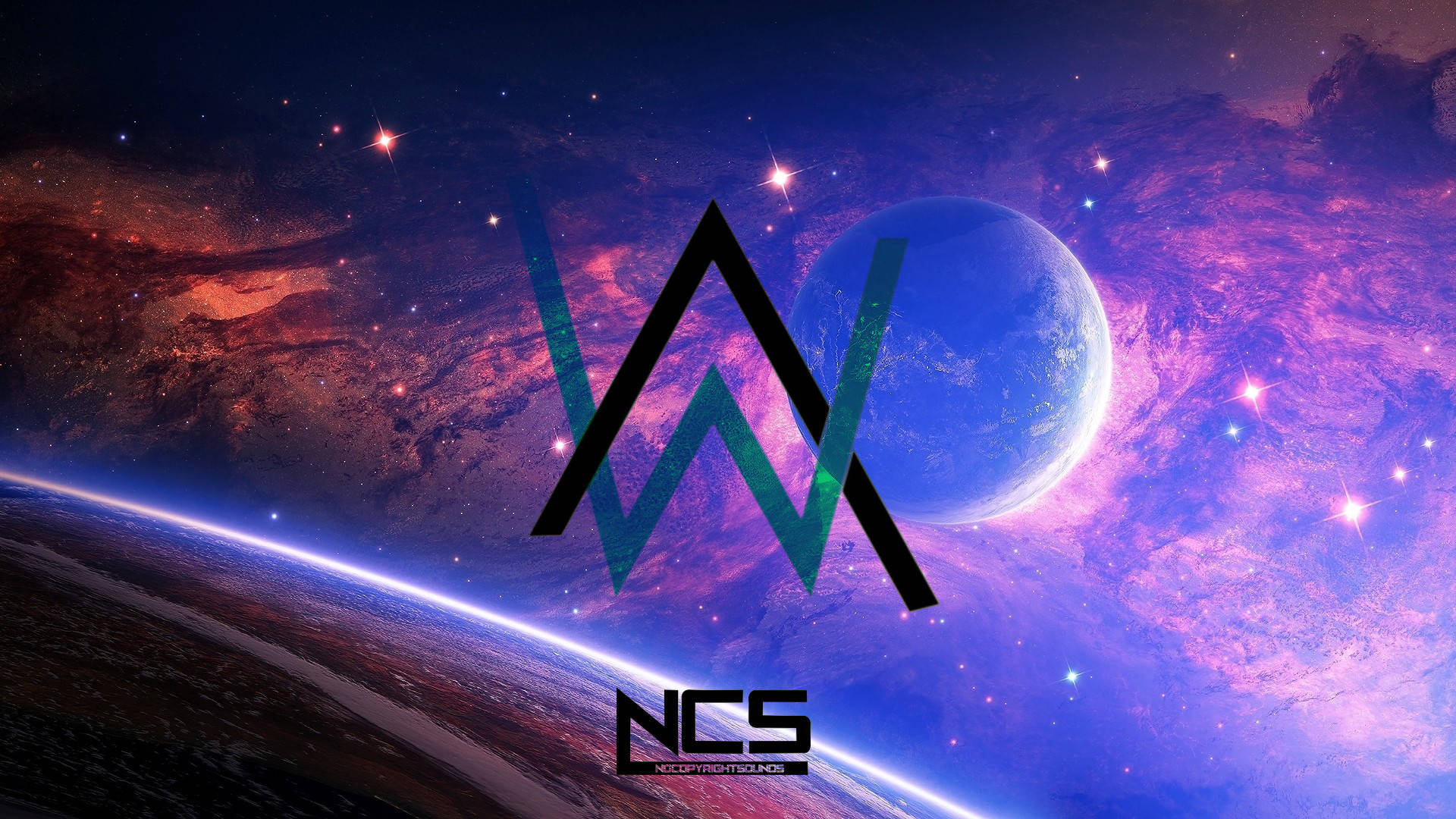 艾倫·沃克 桌布 壁紙 — 宇宙風格桌布，以發光行星和星場為特色，並在地球曲線上方中央放置顯眼的黑色和藍綠色AW標誌。