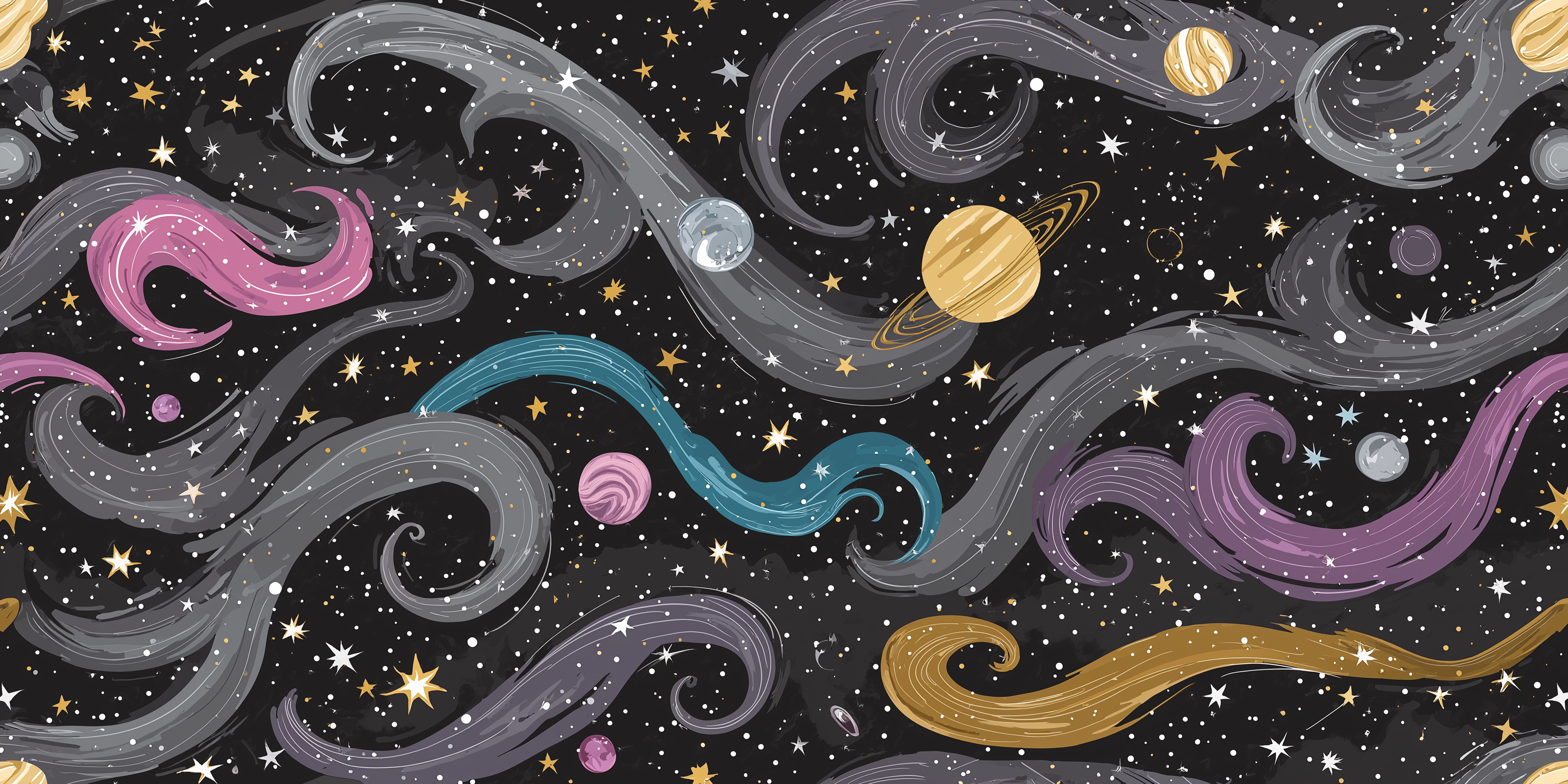 galaxies 桌布 壁紙 — 宇宙風格桌布，黑色背景上旋轉著色彩繽紛的星雲、行星和恆星。