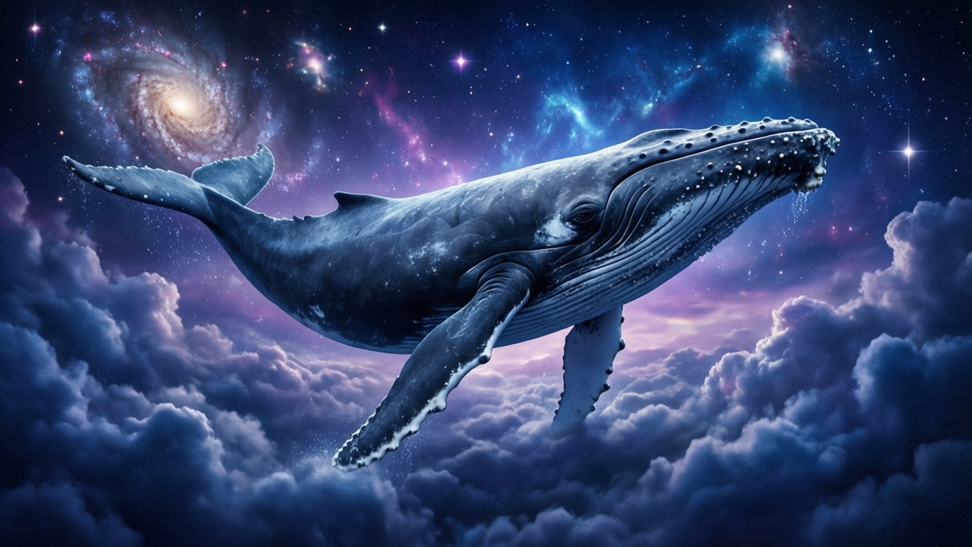 宇宙鯨魚之夢 壁紙 — 一頭雄偉的座頭鯨在充滿星星、星雲和旋轉星系的宇宙天空中，在蓬鬆的雲層上方滑翔。