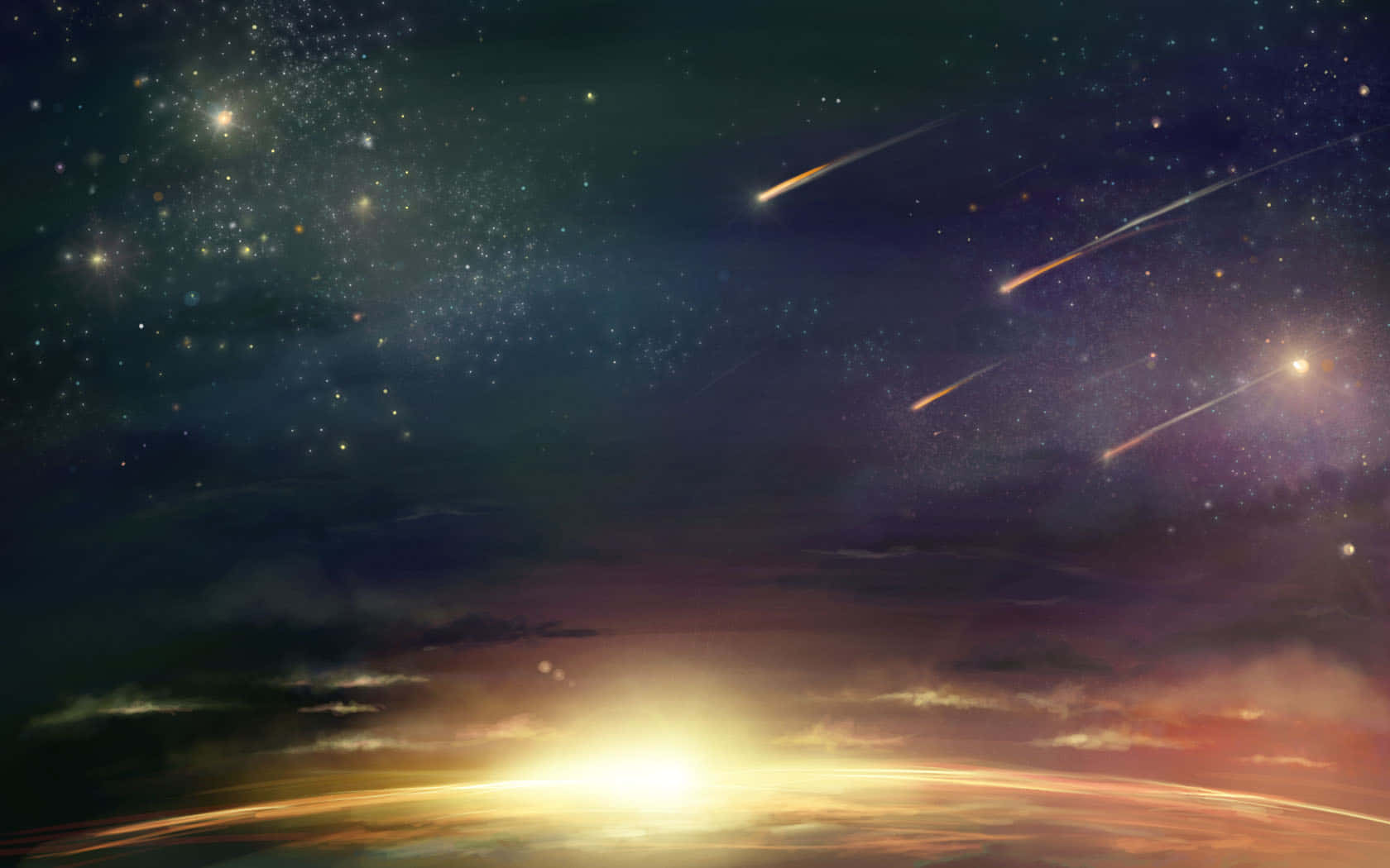 星星動圖 桌布 壁紙 — 宇宙黎明，行星曲線上有燦爛的日出，流星劃過星光暮色天空。