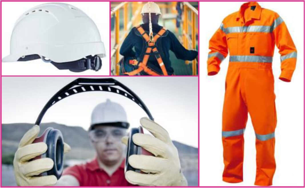 gear 桌布 壁紙 — 安全裝備拼貼，包括白色安全帽、橙色連身工作服、聽力保護裝置和穿著安全帶的工人，以工業背景為襯托。