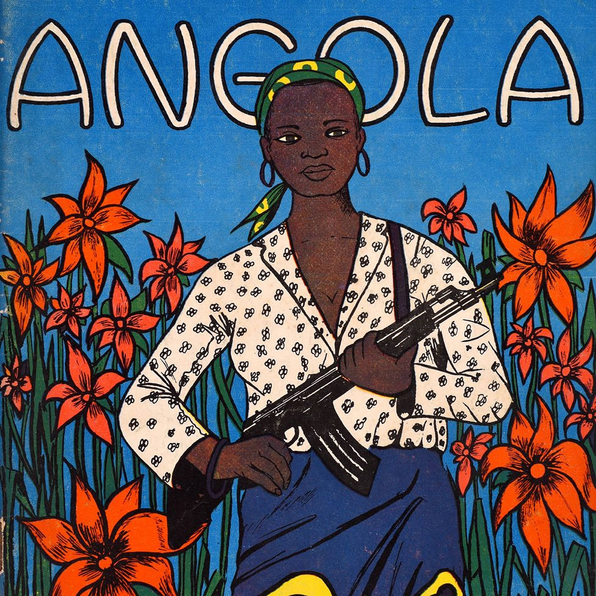 Angola 桌布 壁紙 — 安哥拉一位大膽的插圖女性在藍天下，於鮮豔的橙色花朵中手持步槍。