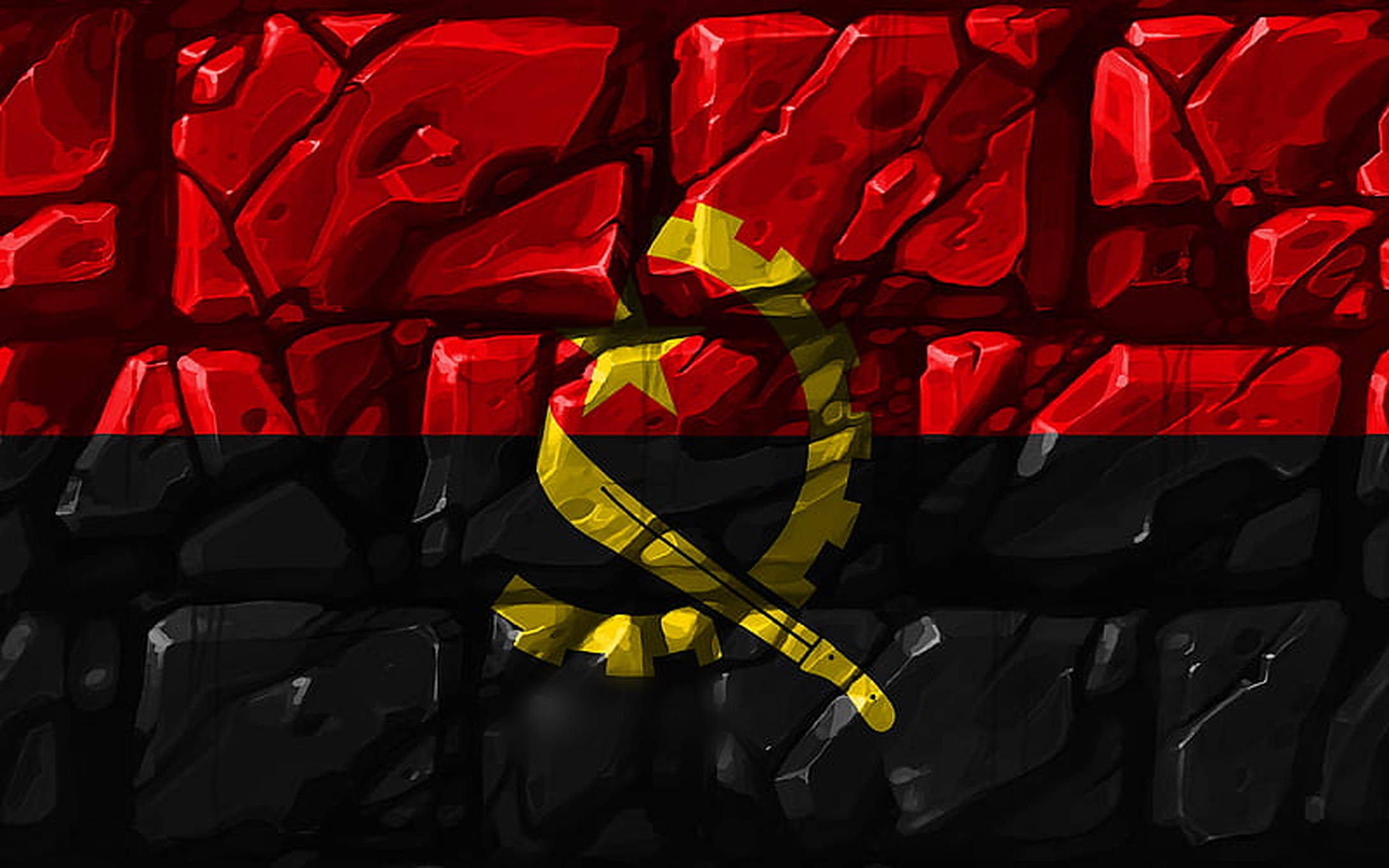 Angola 桌布 壁紙 — 安哥拉國旗以大膽的紅、黑、黃色呈現，如帶有鑿邊的紋理石馬賽克。