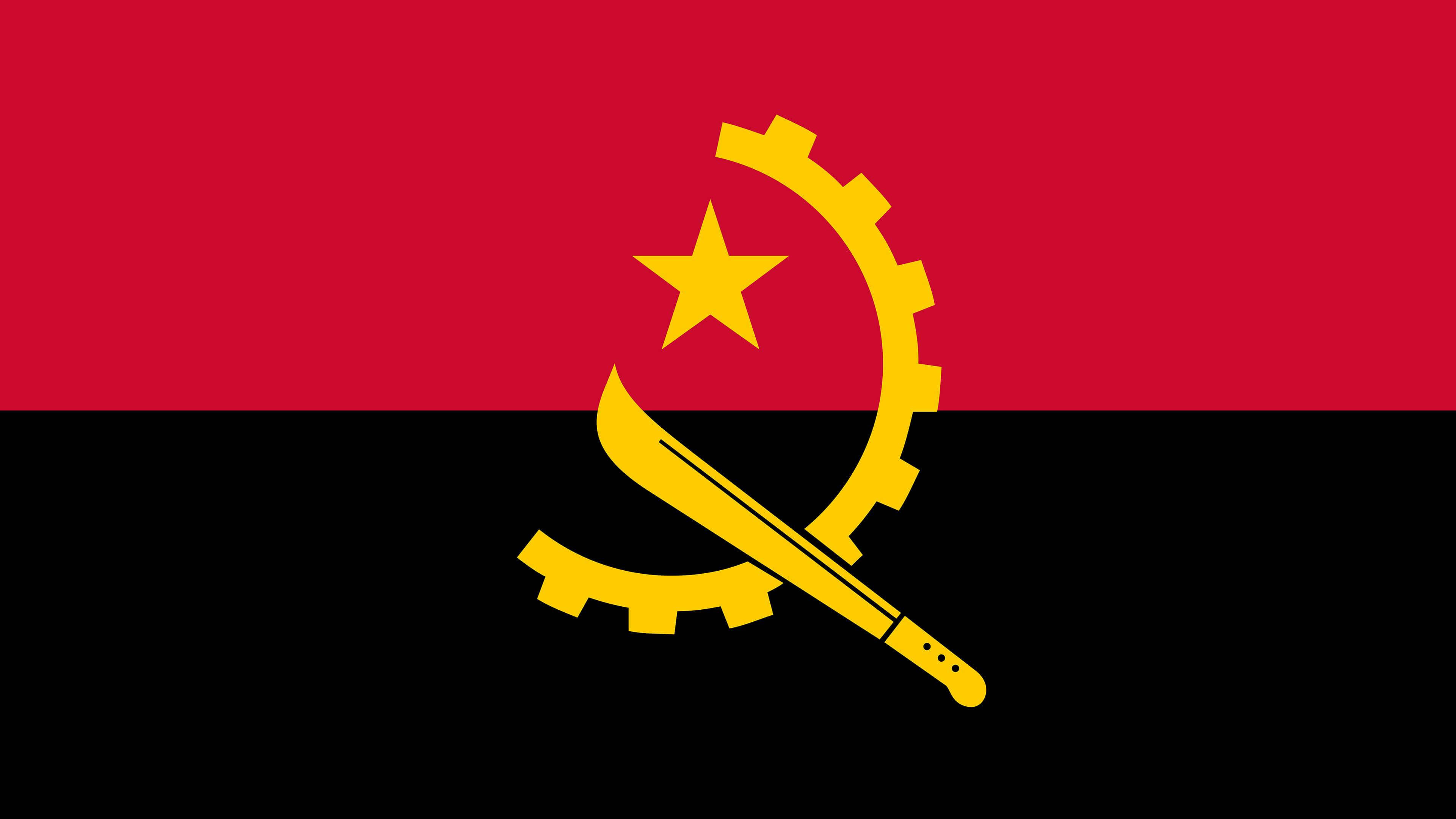 Angola 桌布 壁紙 — 安哥拉國旗以醒目的紅色和黑色橫條為特色，並帶有黃色星星、齒輪和砍刀圖案。