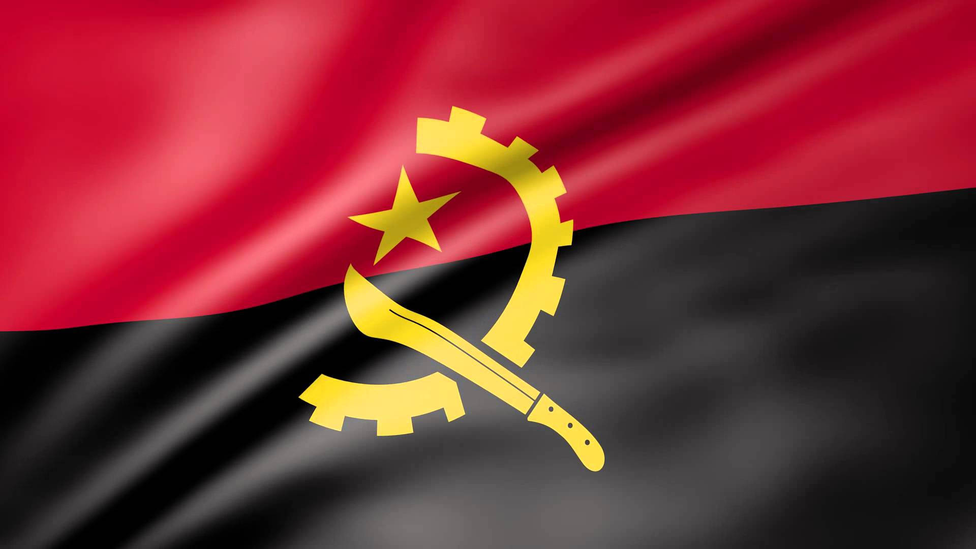 Angola 桌布 壁紙 — 安哥拉國旗動態飄揚，帶有紅色和黑色水平條紋，以及金色星形、砍刀和齒輪徽章。