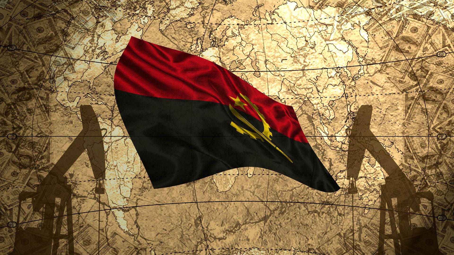 Angola 桌布 壁紙 — 安哥拉國旗在復古地圖上飄揚，油井鑽塔投下陰影，美元鈔票微妙地疊加在背景中。