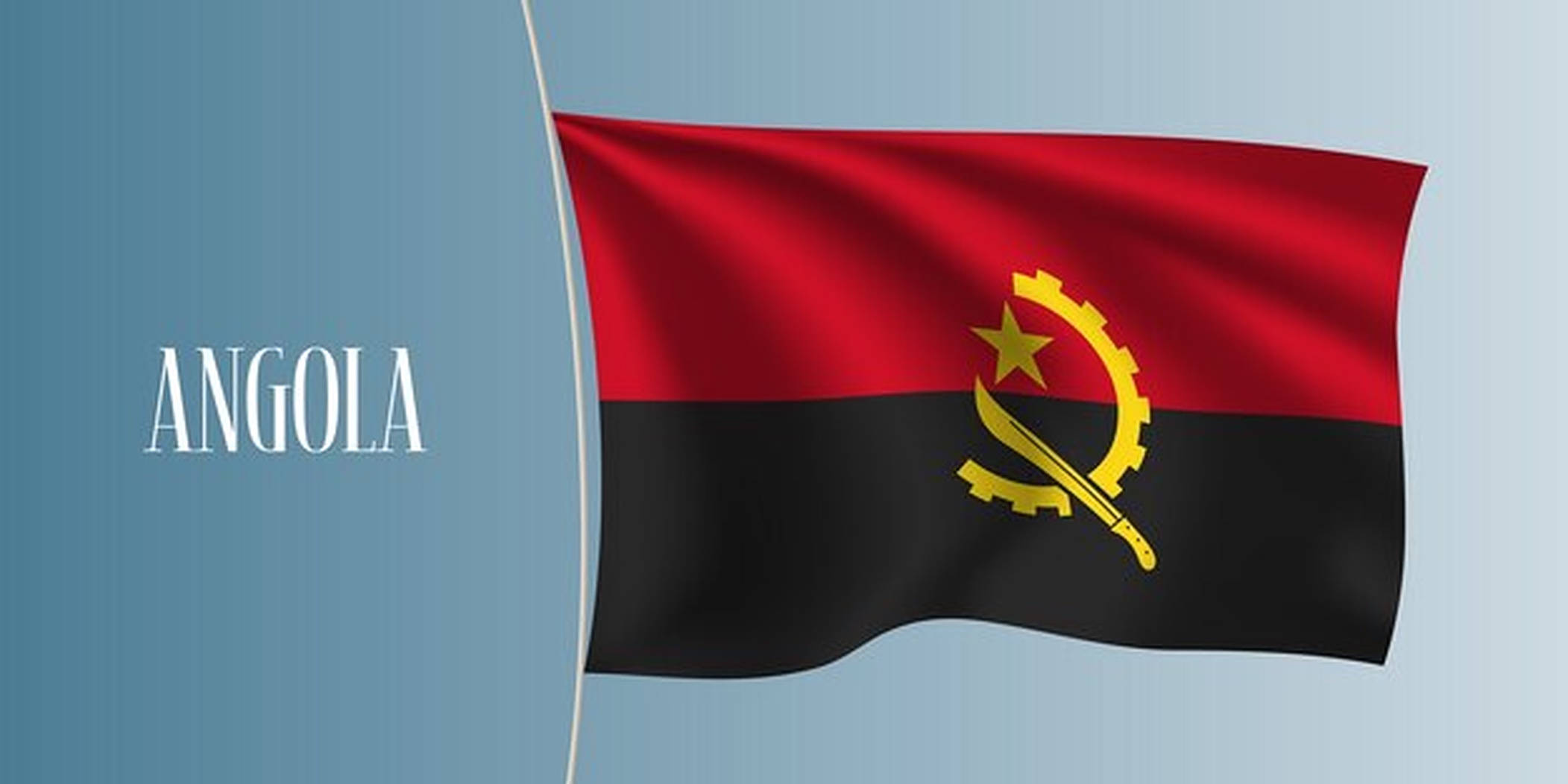Angola 桌布 壁紙 — 安哥拉國旗在柔和的藍色漸變背景上動態飄揚，並以優雅的白色文字顯示「ANGOLA」一詞。