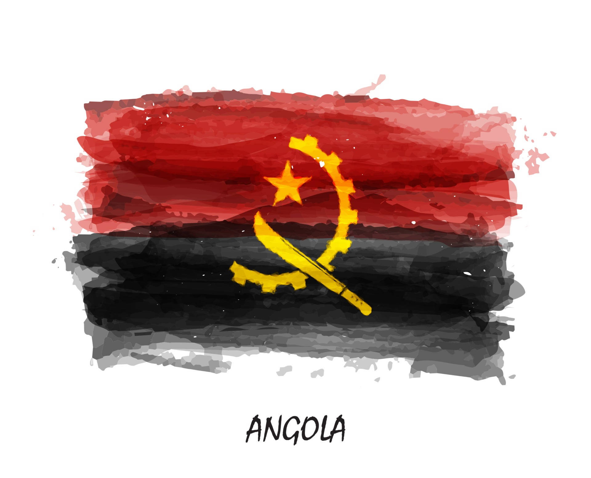 Angola 桌布 壁紙 — 安哥拉國旗的水彩風格版本，帶有紅色和黑色條紋以及黃色星星和齒輪符號。