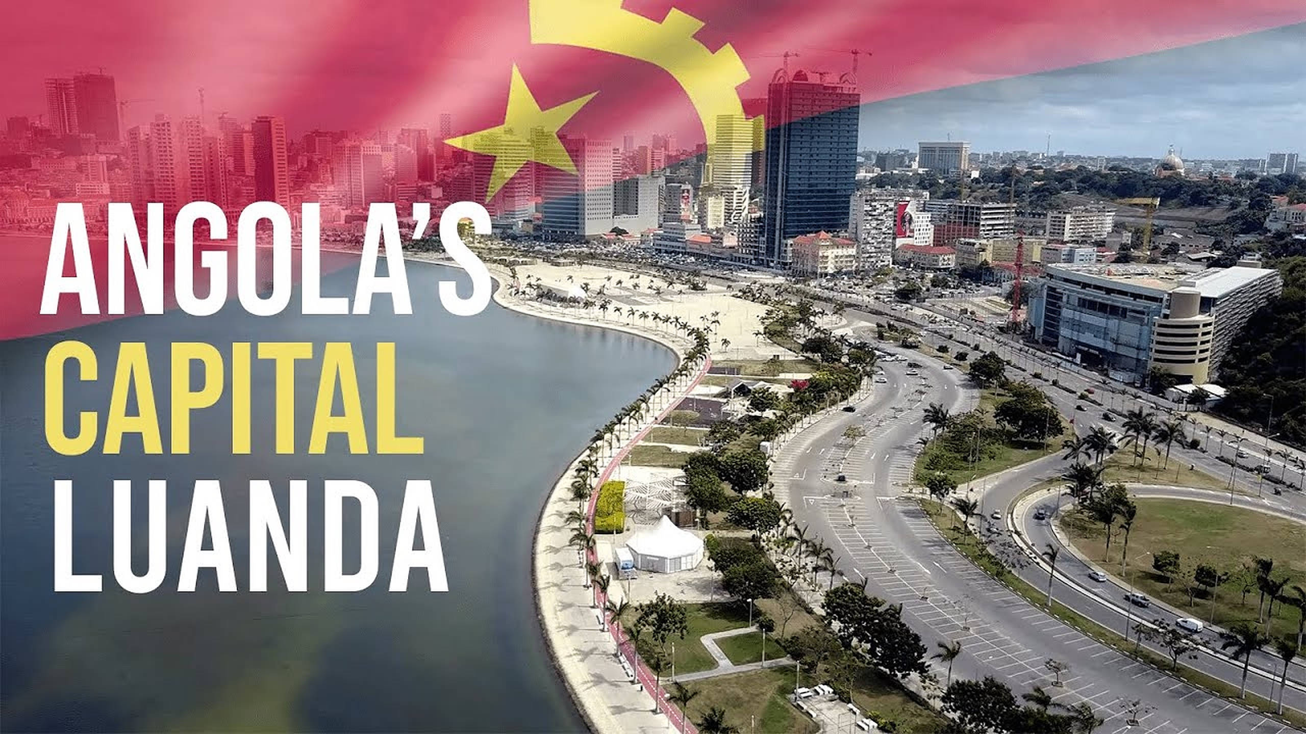 Angola 桌布 壁紙 — 安哥拉首都羅安達的鳥瞰圖，現代建築、蜿蜒道路和河流在紅色旗幟疊加下。