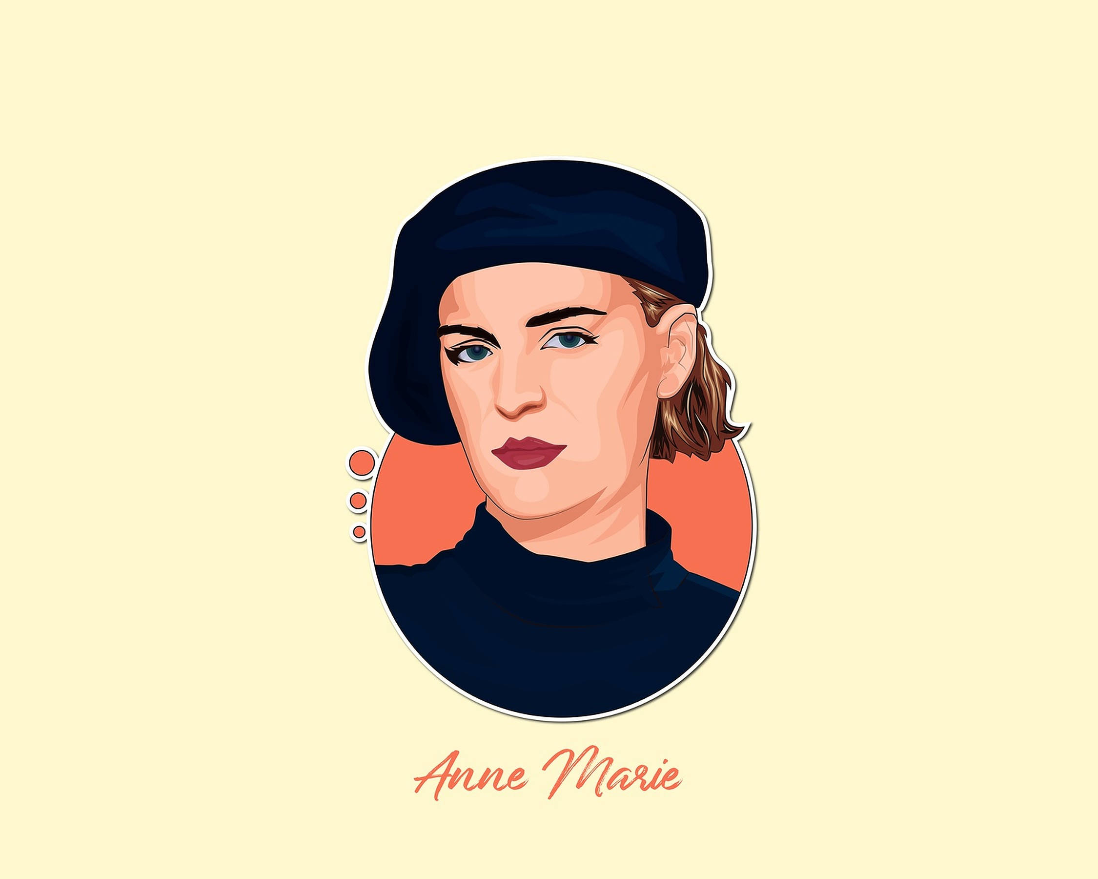 Anne Marie 桌布 壁紙 — 安妮瑪麗的風格化插圖，戴著黑色貝雷帽和高領毛衣，背景為柔和的黃色，帶有橙色圓形點綴。