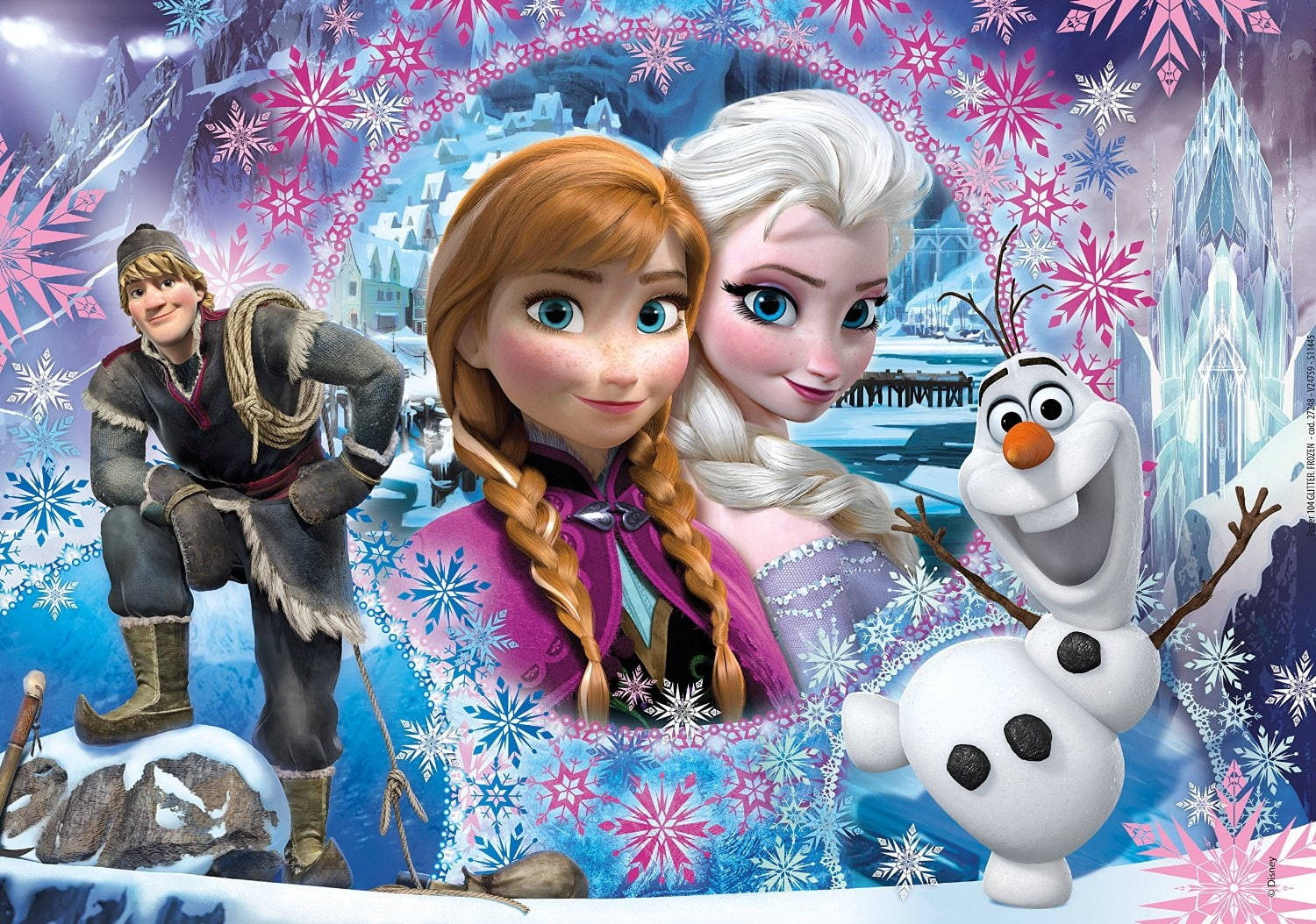Frozen Elsa 桌布 壁紙 — 安娜、艾莎和雪寶一起站在一個神奇的冬季仙境中，背景有雪花和冰城堡閃閃發光。