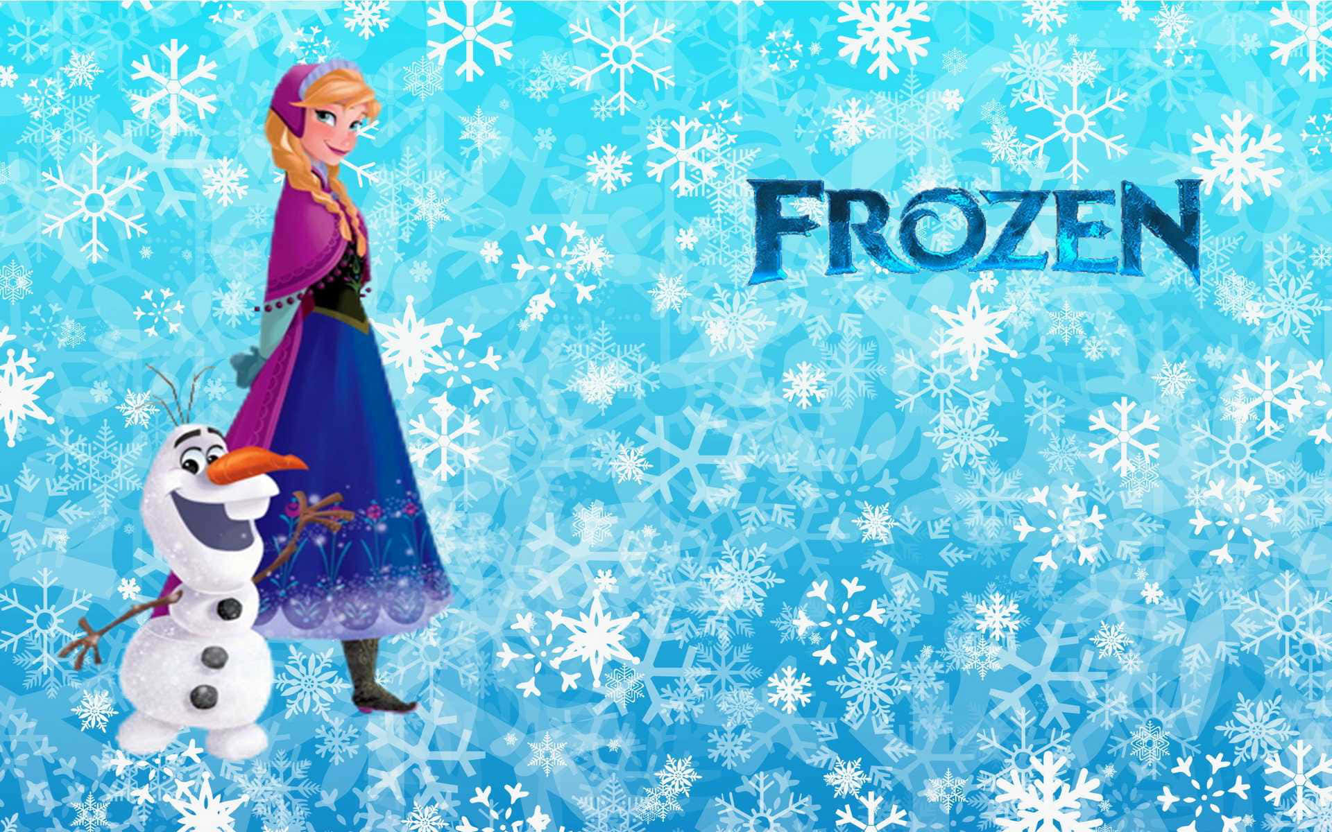 冰雪奇緣 桌布 壁紙 — 安娜公主和奧拉夫一起站在充滿白色雪花和Frozen字樣的鮮豔藍色背景前。