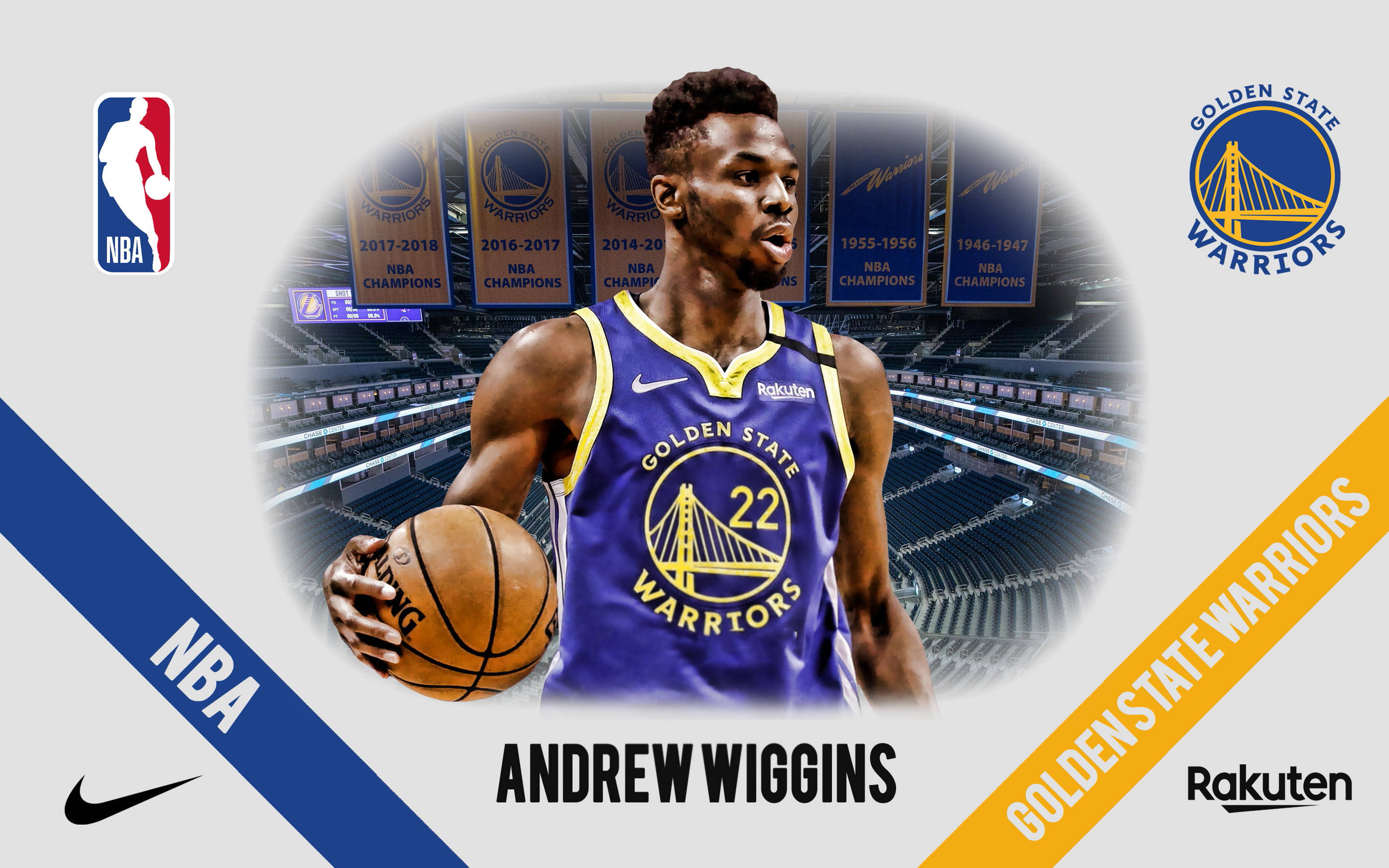 Andrew Wiggins 桌布 壁紙 — 安德魯·維金斯身穿金州勇士隊球衣，手持籃球，身後有冠軍旗幟。