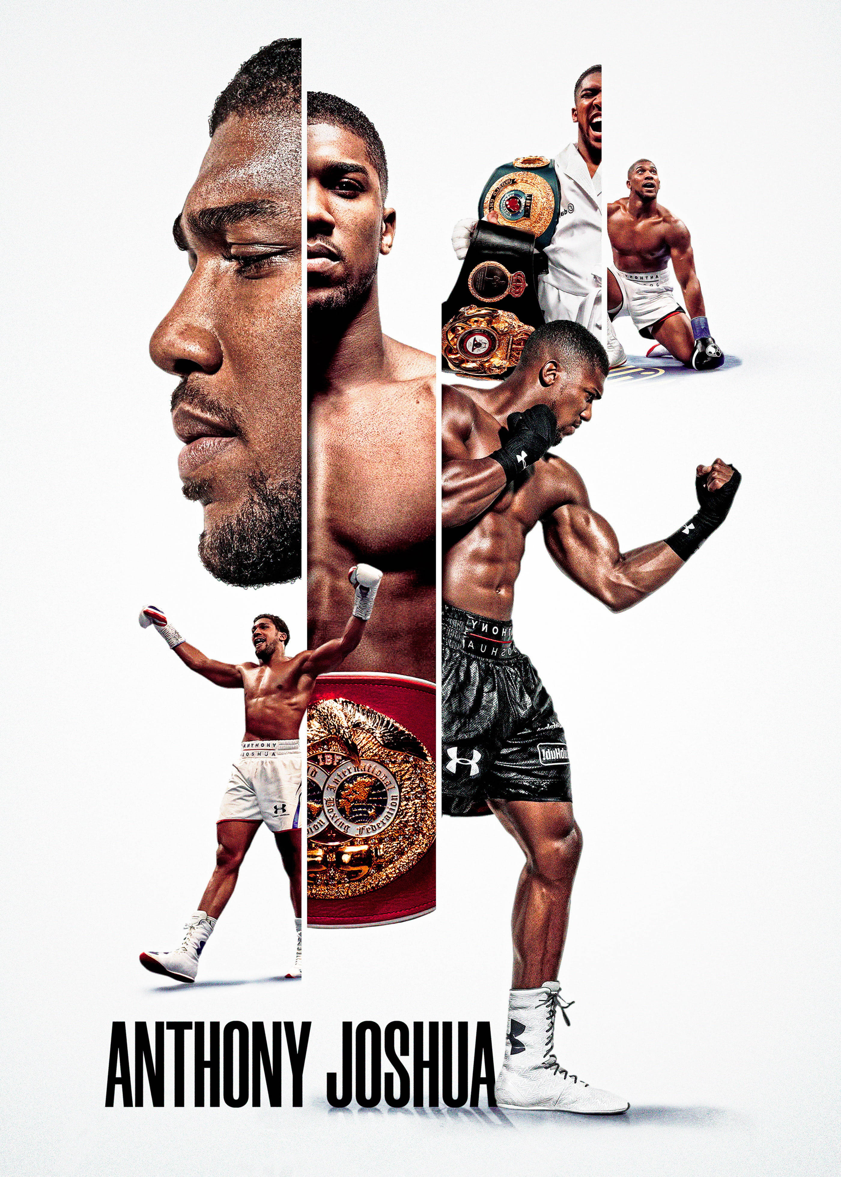 Anthony Joshua 桌布 壁紙 — 安東尼·約書亞在各種拳擊姿勢和奪冠時刻的動態拼貼，背景為純白色。