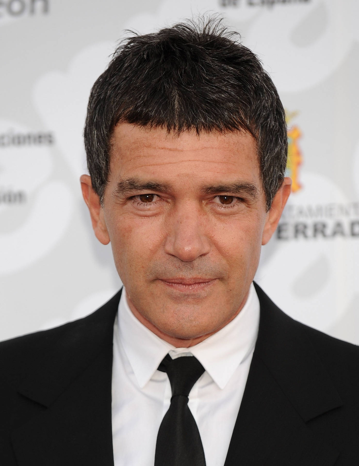 antonio banderas 桌布 壁紙 — 安東尼奧·班達拉斯在白色品牌背景的正式活動中穿著黑色西裝和領帶的特寫肖像。