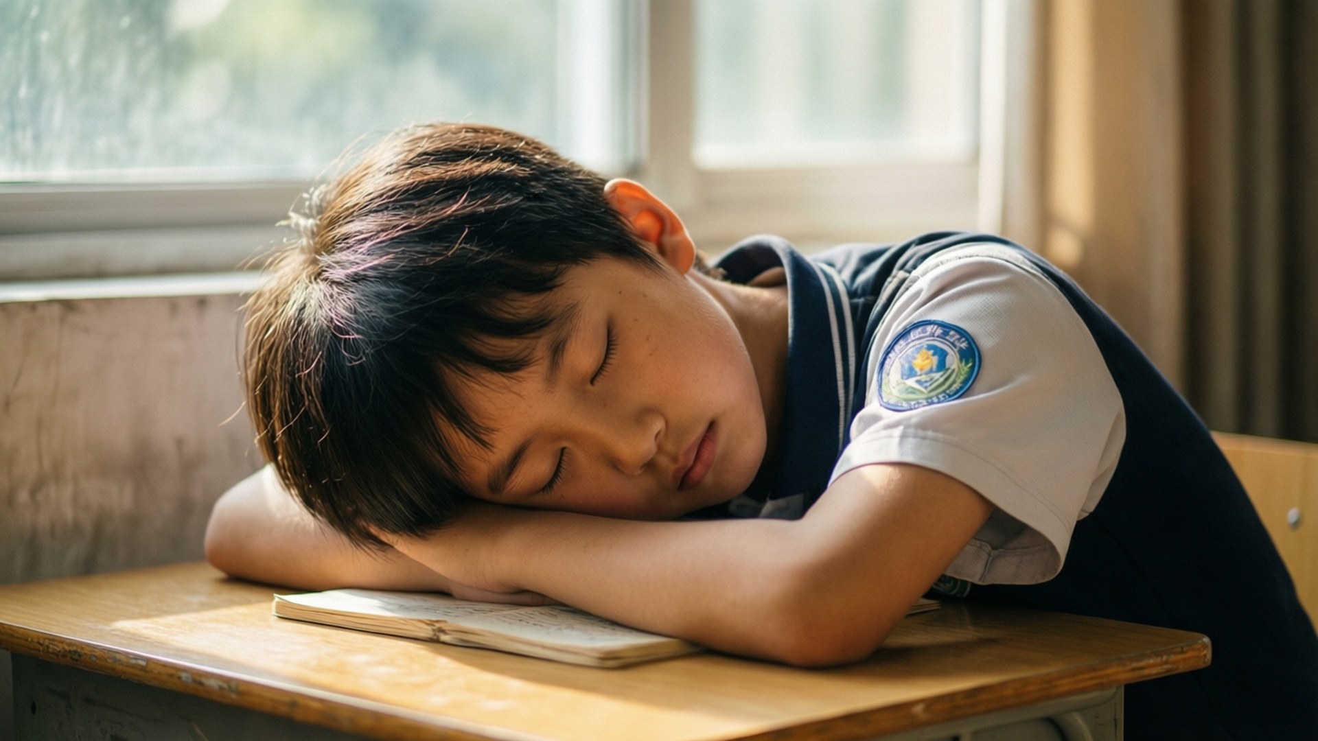 安穩小憩 壁紙 — 一名穿著校服的年輕學生在陽光明媚的教室裡，頭枕在手臂上，趴在木桌上安詳地睡著。