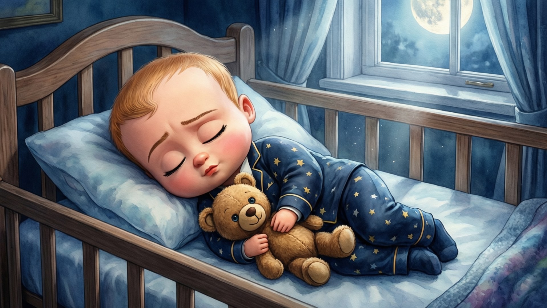 安穩睡眠 壁紙 — 一個穿著星星圖案睡衣的熟睡嬰兒在月光下的木製嬰兒床裡擁抱泰迪熊。