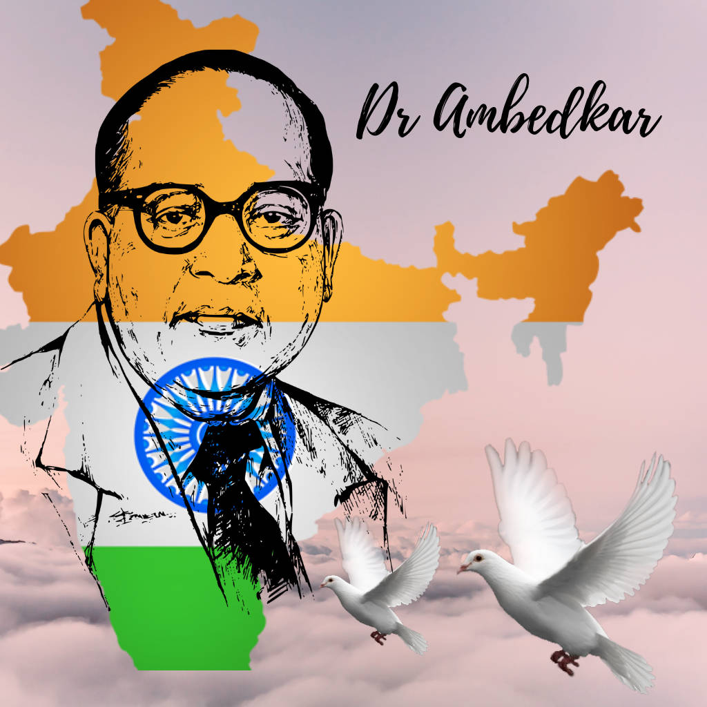 Ambedkar 桌布 壁紙 — 安貝德卡博士的風格化肖像，背景為印度國旗顏色和地圖輪廓，兩側有兩隻飛翔的白鴿。