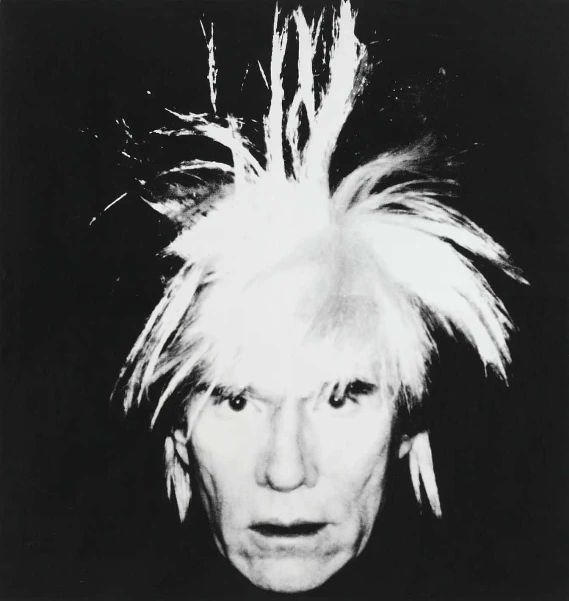 andy warhol 桌布 壁紙 — 安迪·沃荷以狂野的白髮，在純黑背景下強烈凝視，呈現高對比度的黑白肖像。