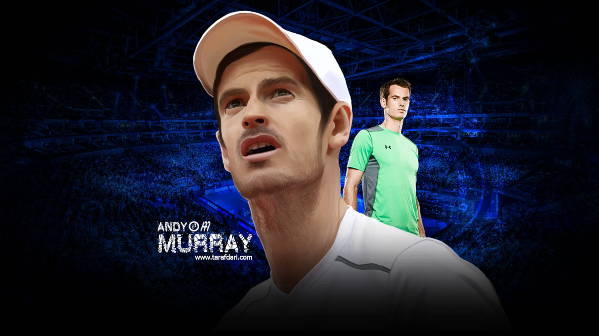 Tennis 桌布 壁紙 — 安迪·穆雷戴著白色帽子和穿著白色襯衫，身後有綠色襯衫版本，背景是深藍色體育場。