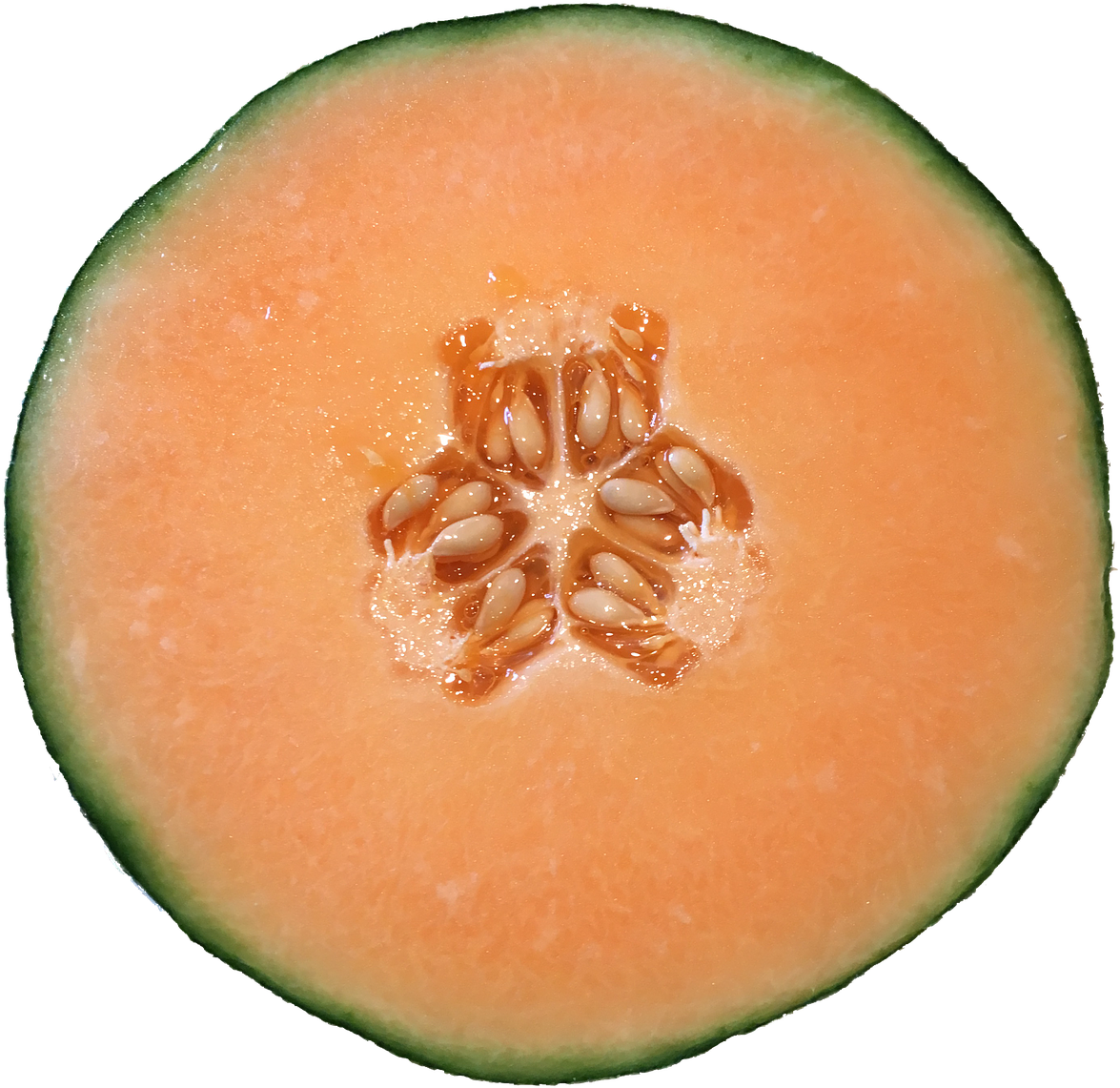 Cantaloupe 桌布 壁紙 — 完美切開的哈密瓜，在純黑背景下展現出多汁的橙色果肉和星形種子圖案。