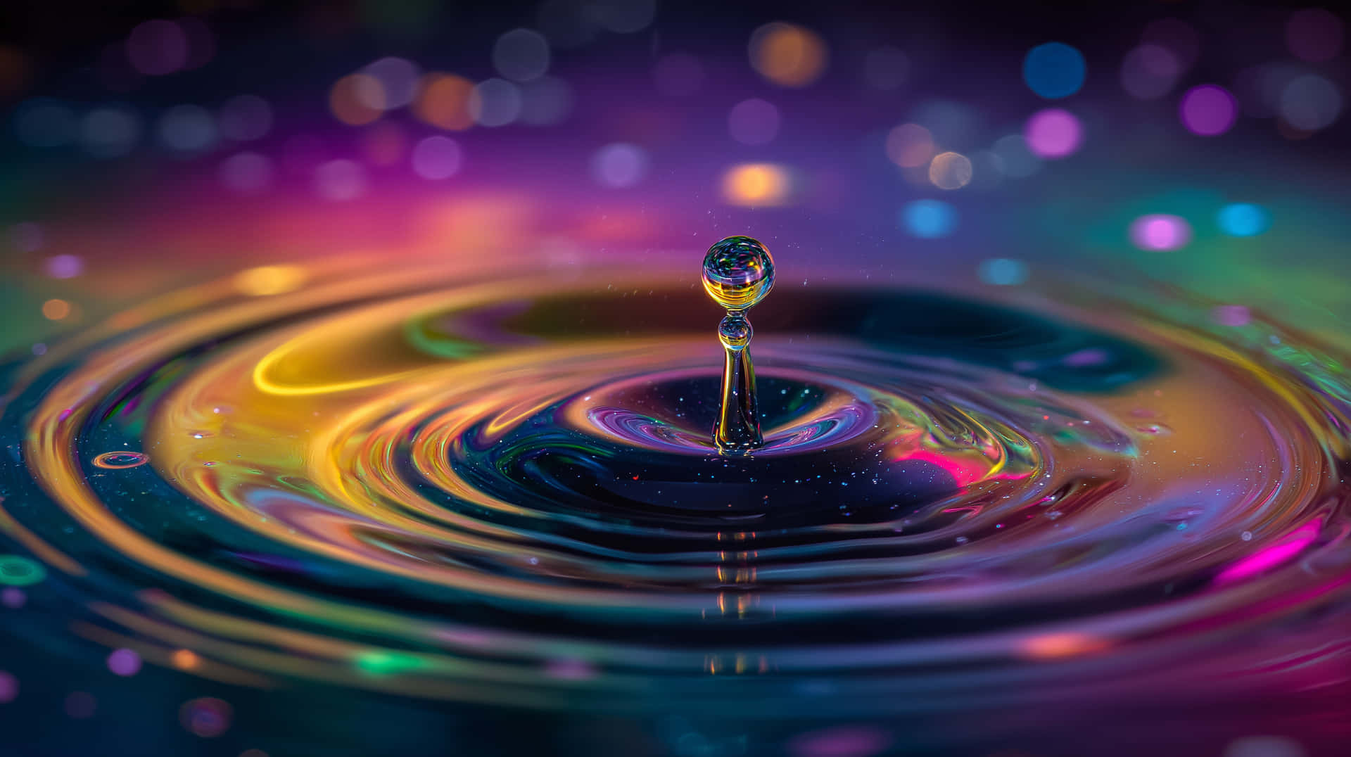 Colorful Water Splash with Single Droplet and Bokeh 壁紙 — 完美水滴懸浮在色彩斑斕的漣漪表面之上，映襯著鮮豔的散景燈光。