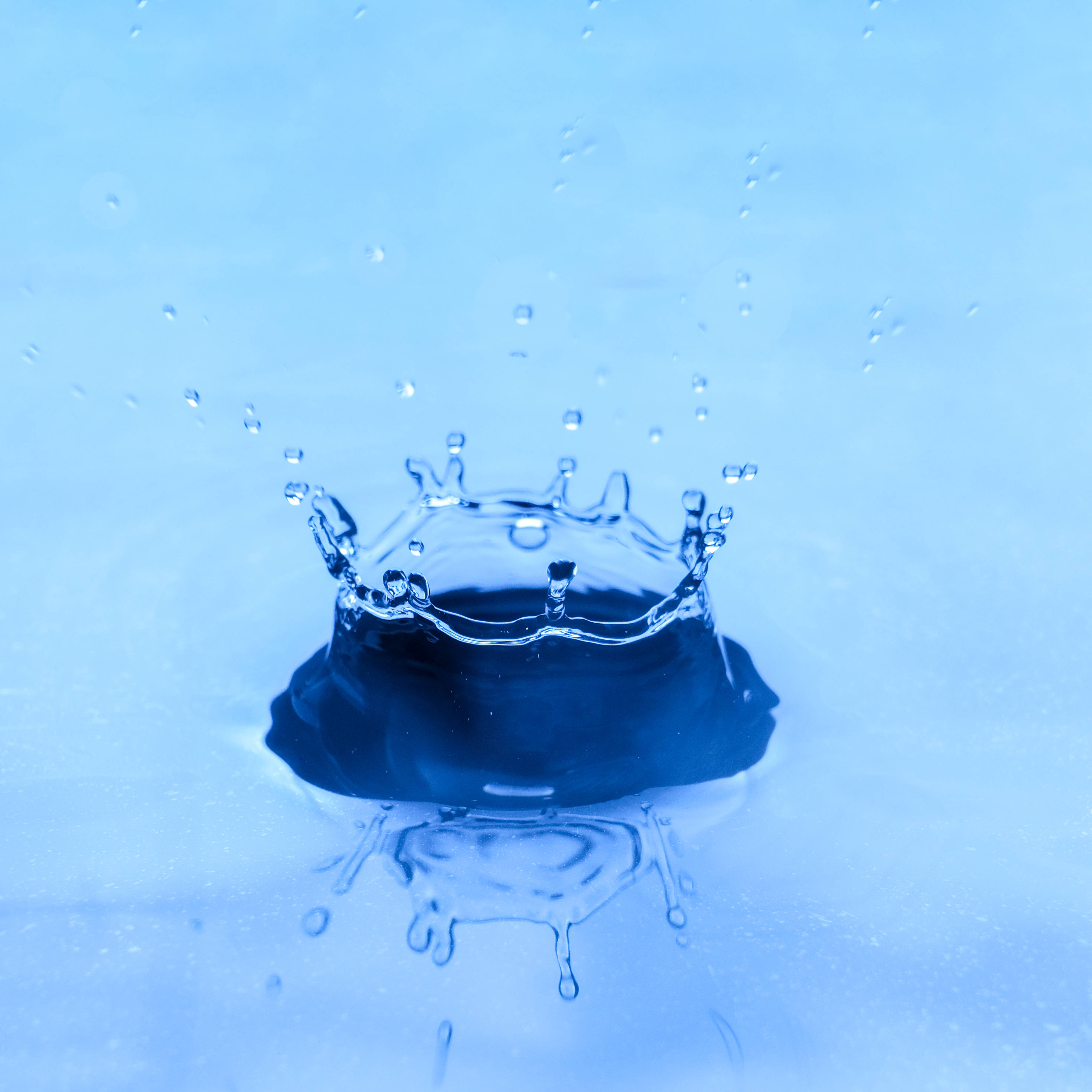 drop 桌布 壁紙 — 完美的藍色水滴皇冠向上濺起，背景是柔和的漸變藍色。