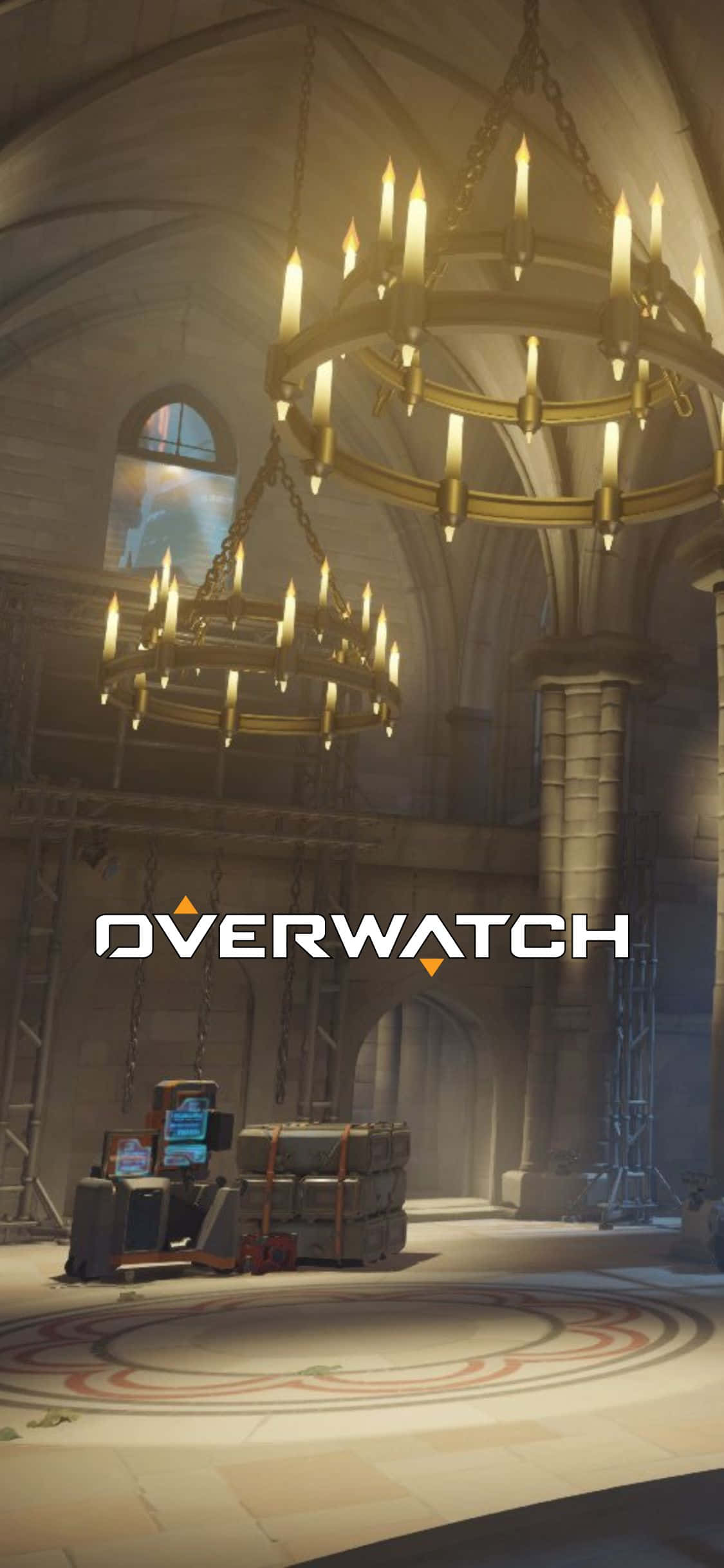 iPhone X Overwatch 桌布 壁紙 — 宏偉大教堂內部，發光吊燈照亮石拱門和圓形地板圖案。