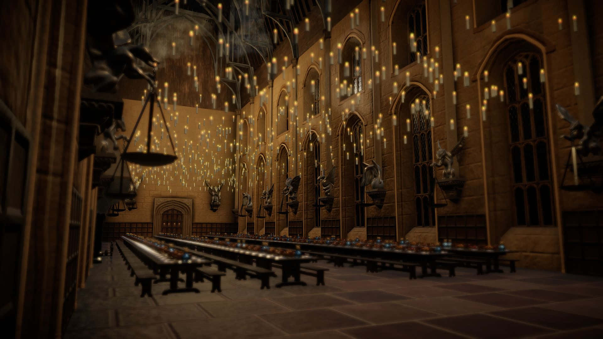 The Hogwarts Great Hall 桌布 壁紙 — 宏偉的中世紀宴會廳，有長木桌、燭光從拱形石天花垂下，雕像排列在牆邊。