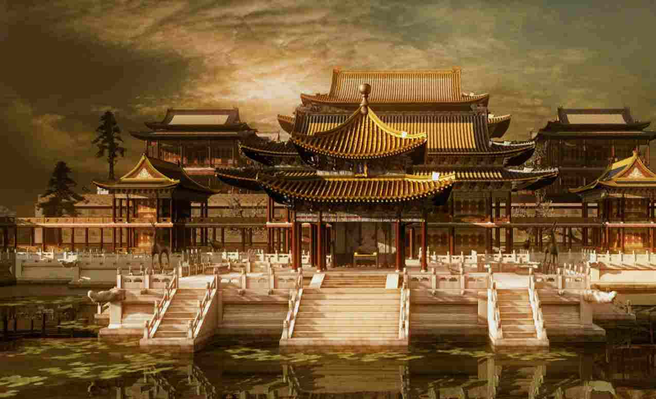 建築 桌布 壁紙 — 宏偉的傳統中國宮殿建築群，金色屋頂和石橋倒映在平靜的水面上，天空戲劇性地多雲。