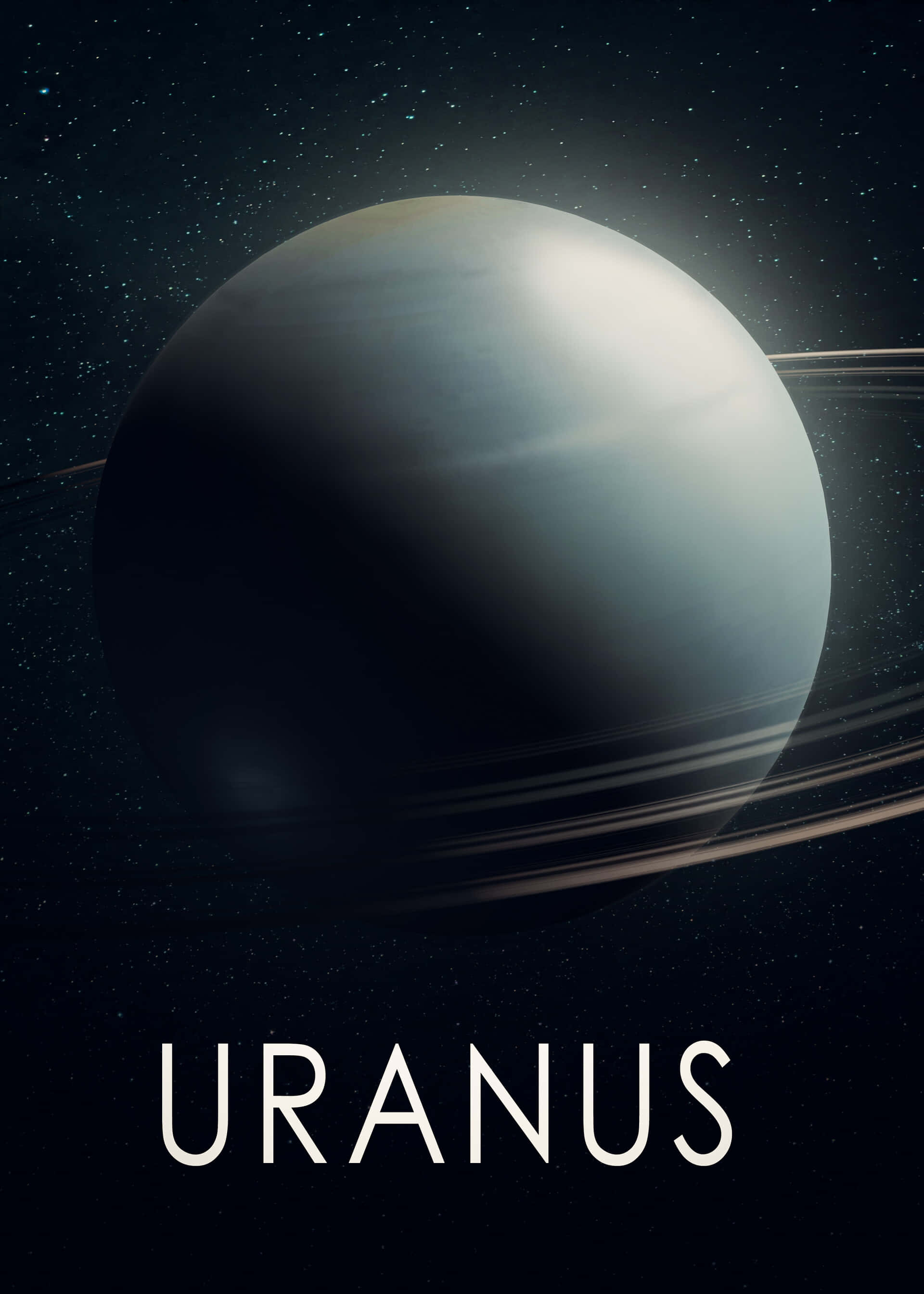 Uranus 桌布 壁紙 — 宏偉的冰冷行星天王星帶有微弱的光環，在星空中柔和發光，下方有粗體白色文字。