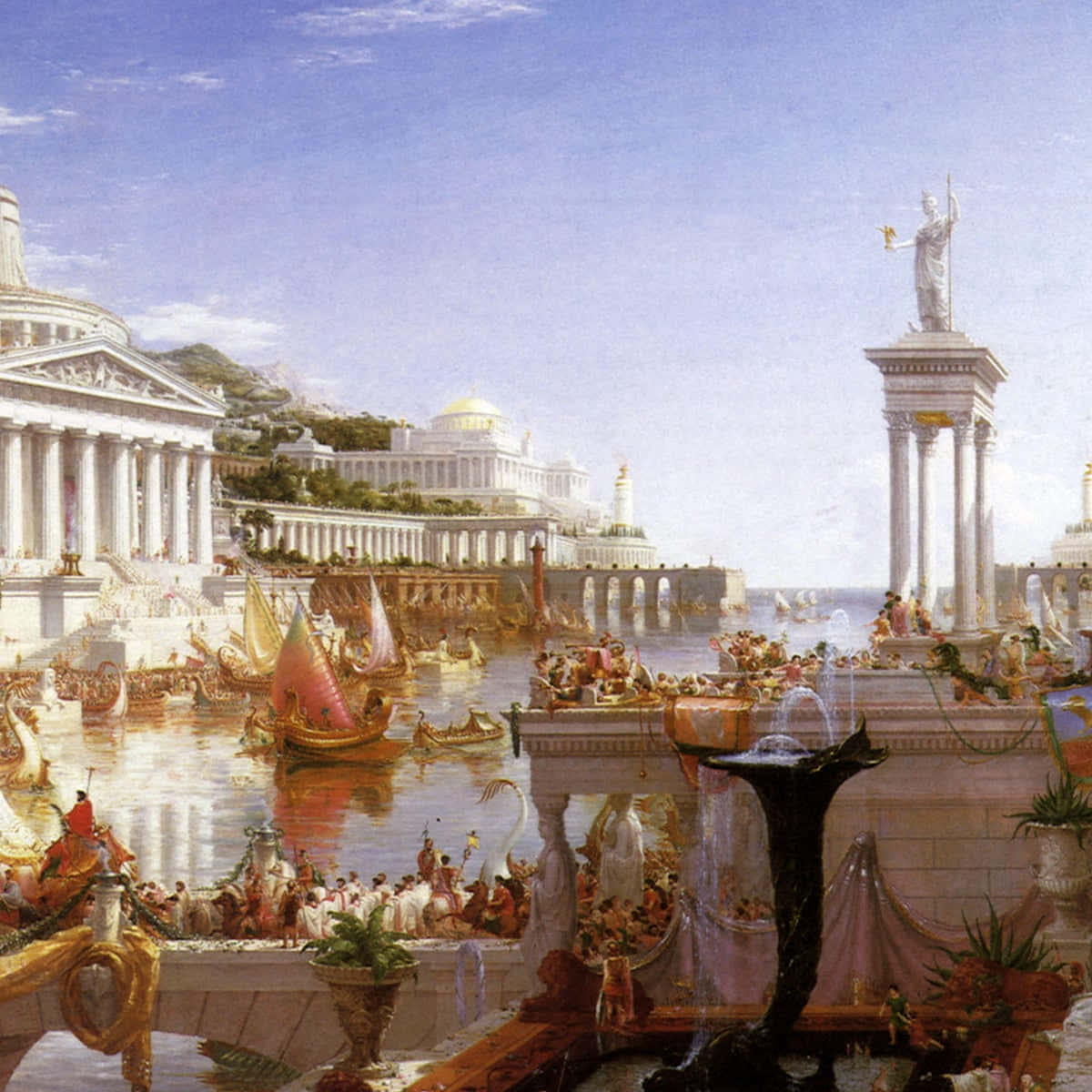 Best Civilization V 桌布 壁紙 — 宏偉的古典城市，擁有大理石神廟和繁忙的港口，港口停滿鍍金船隻，人群在明亮的藍天下熙熙攘攘。