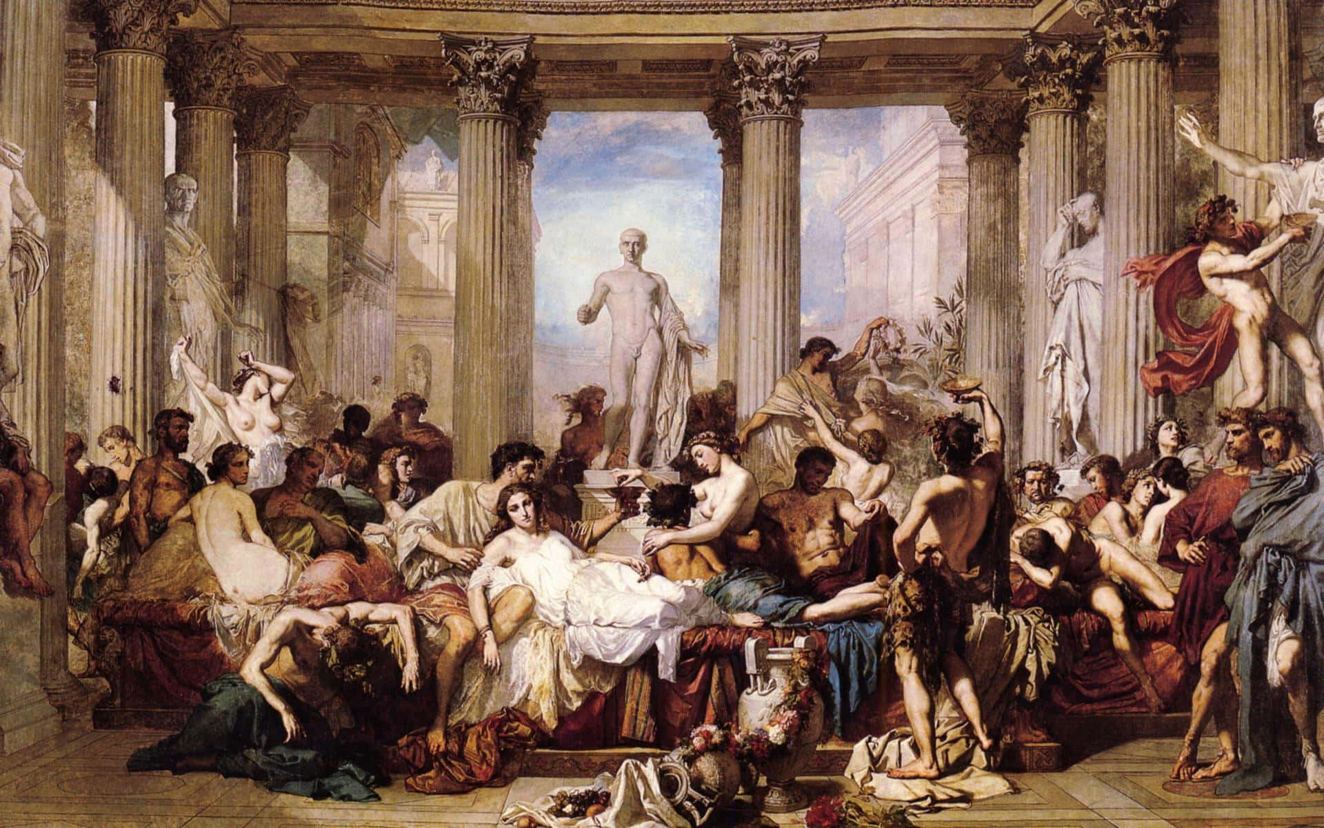 Classical 桌布 壁紙 — 宏偉的古典繪畫描繪了一場豪華的羅馬宴會，有披著布的人物、大理石柱和雕像，在溫暖的金色光芒下。