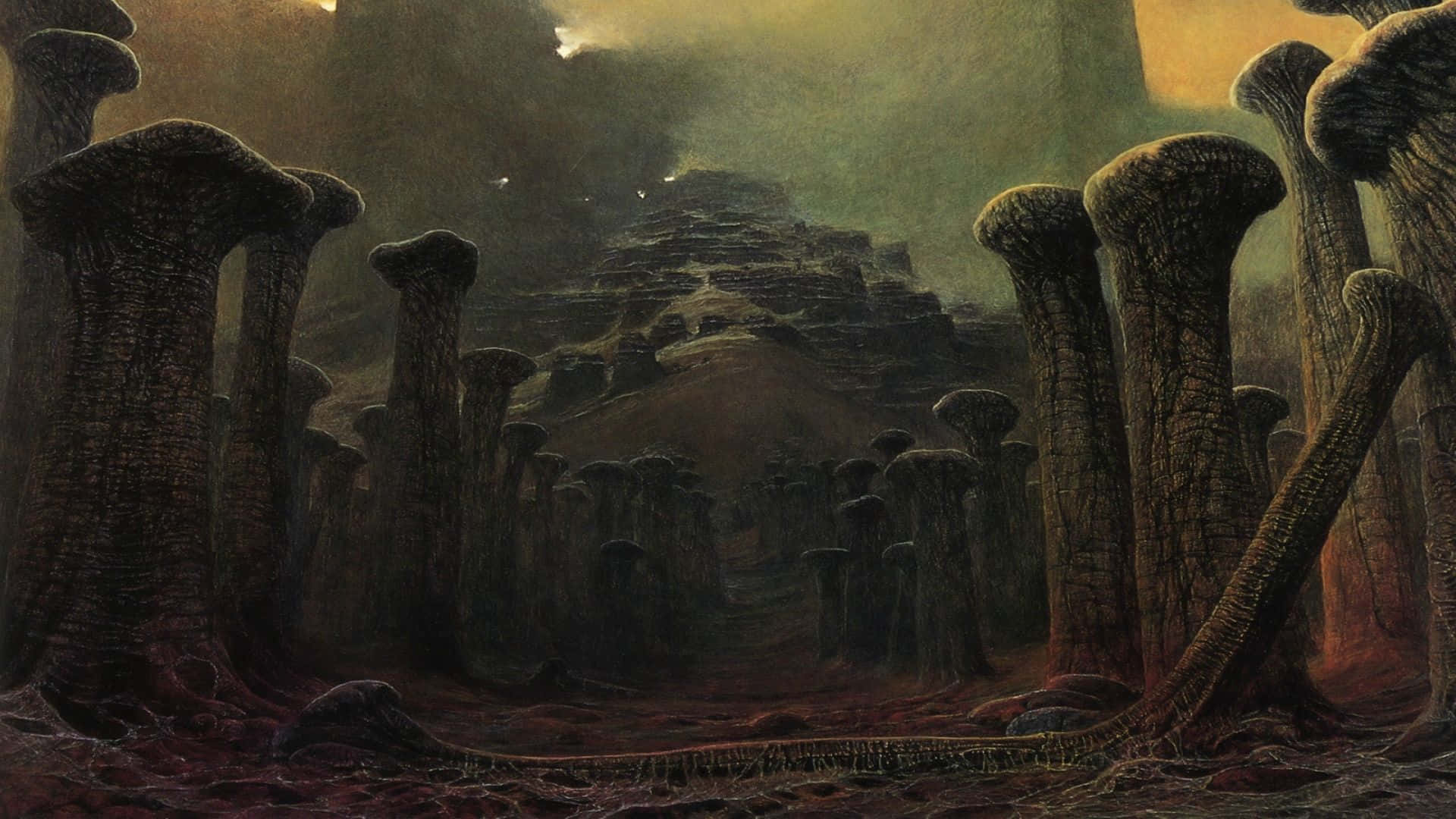 Dark Surrealism 桌布 壁紙 — 宏偉的古老石柱從迷霧籠罩的外星景觀中升起，天空閃耀著琥珀色光芒。