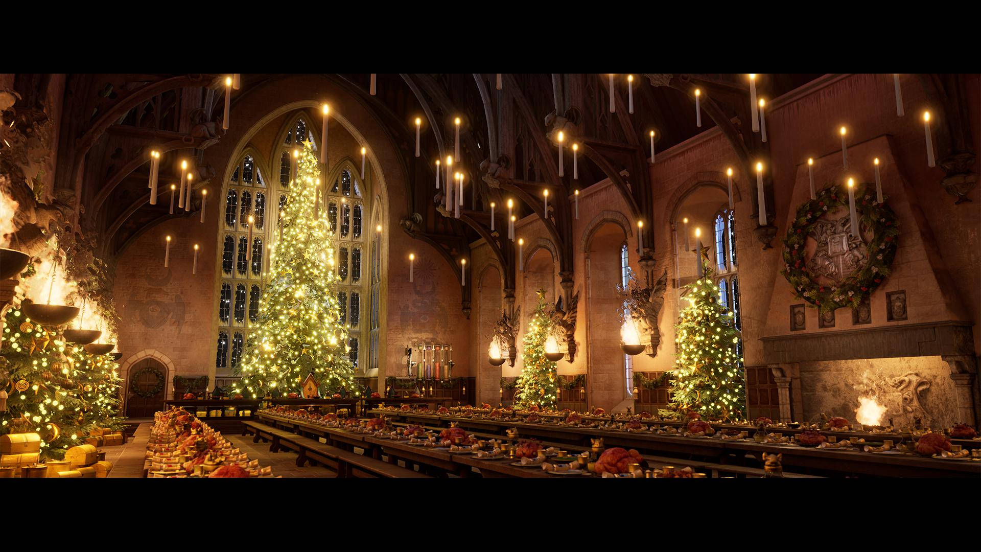 Harry Potter Houses 桌布 壁紙 — 宏偉的哥德式大廳裝飾著發光的聖誕樹和懸掛的蠟燭，在拱形石天花板下照亮了節日盛宴。