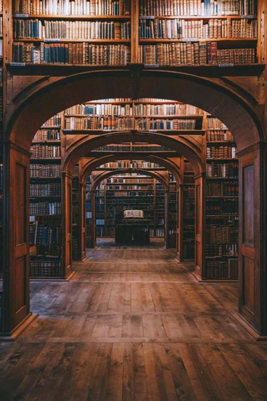 Library 桌布 壁紙 — 宏偉的圖書館，擁有木製拱門和高聳的書架，在溫暖的環境光下裝滿了復古書籍。