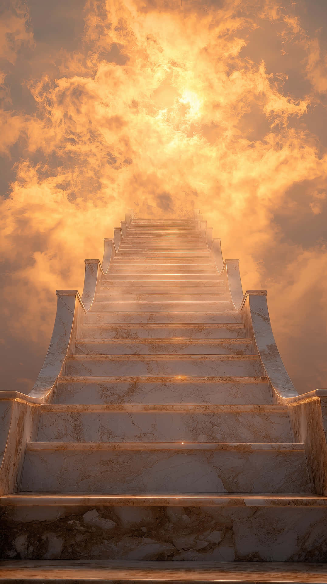A grand marble staircase ascends into golden, glowing clouds, symbolizing heaven 壁紙 — 宏偉的大理石樓梯穿過金色雲層，通往光芒四射的天堂之光。