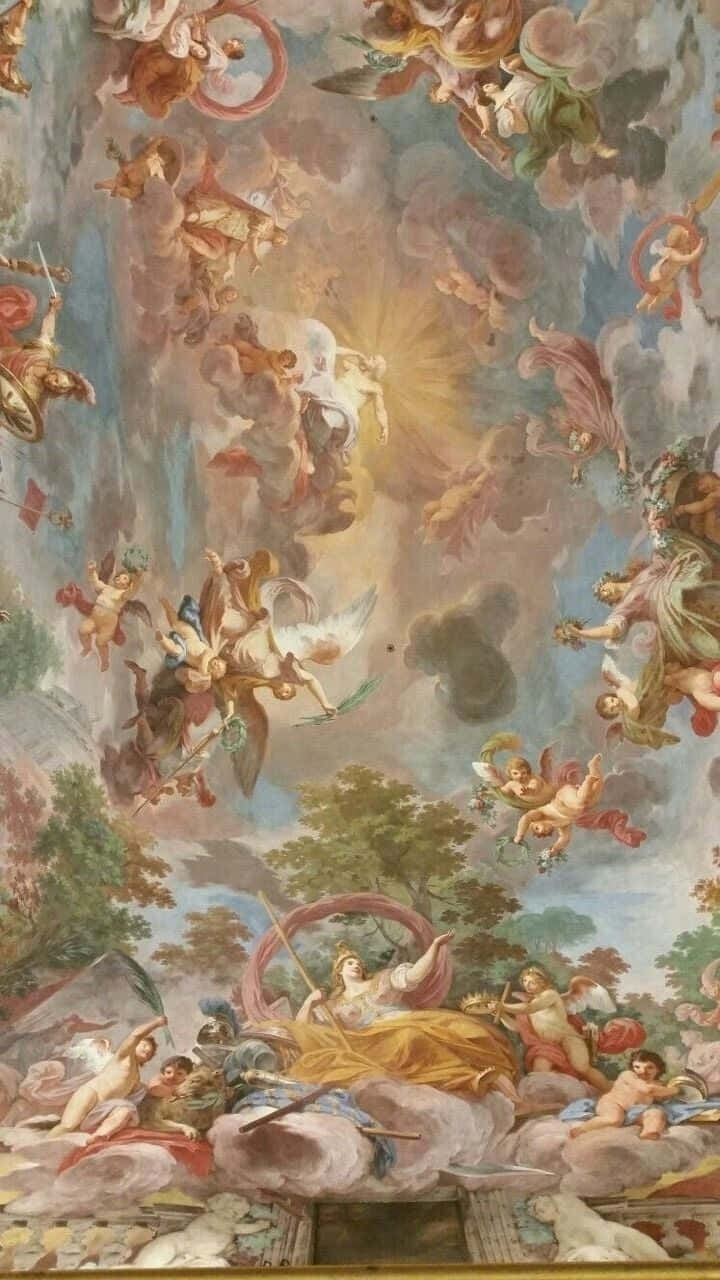 天使 桌布 壁紙 — 宏偉的巴洛克壁畫，描繪神聖人物和小天使在雲中盤旋，下方是帶有神話場景的古典風景。