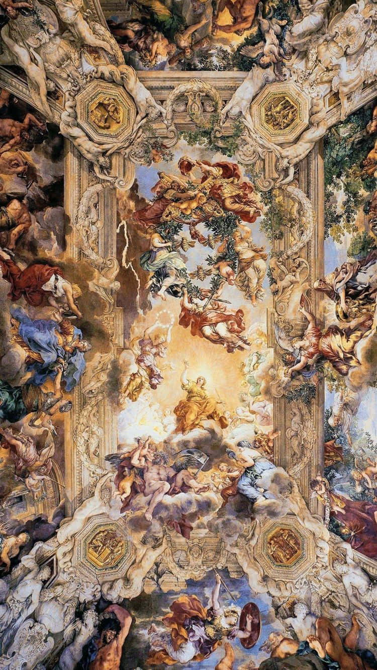 Religious Art 桌布 壁紙 — 宏偉的巴洛克天花板壁畫，動態神話人物在雲中旋轉，華麗的金色灰泥框架。