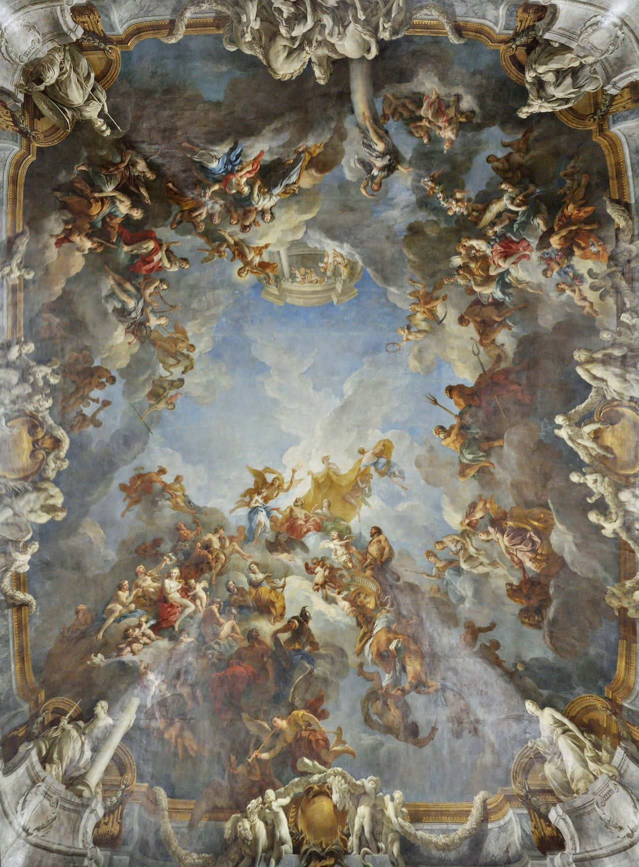 Renaissance 桌布 壁紙 — 宏偉的巴洛克式天花板壁畫，描繪神聖人物和天使在戲劇性的雲層中盤旋，周圍是華麗的金色畫框。
