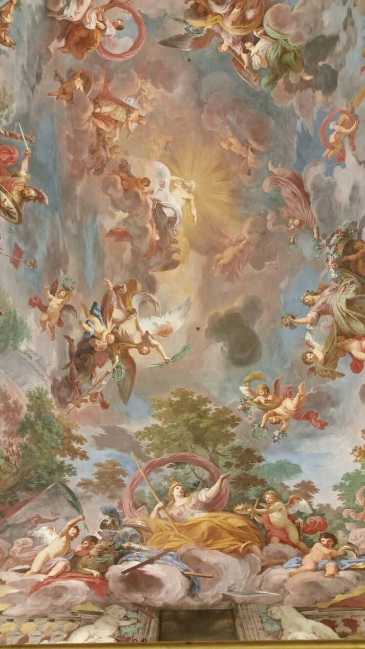 Renaissance 桌布 壁紙 — 宏偉的巴洛克式天花板壁畫，描繪神聖人物和神話場景，環繞著漩渦狀雲彩和耀眼的光芒。