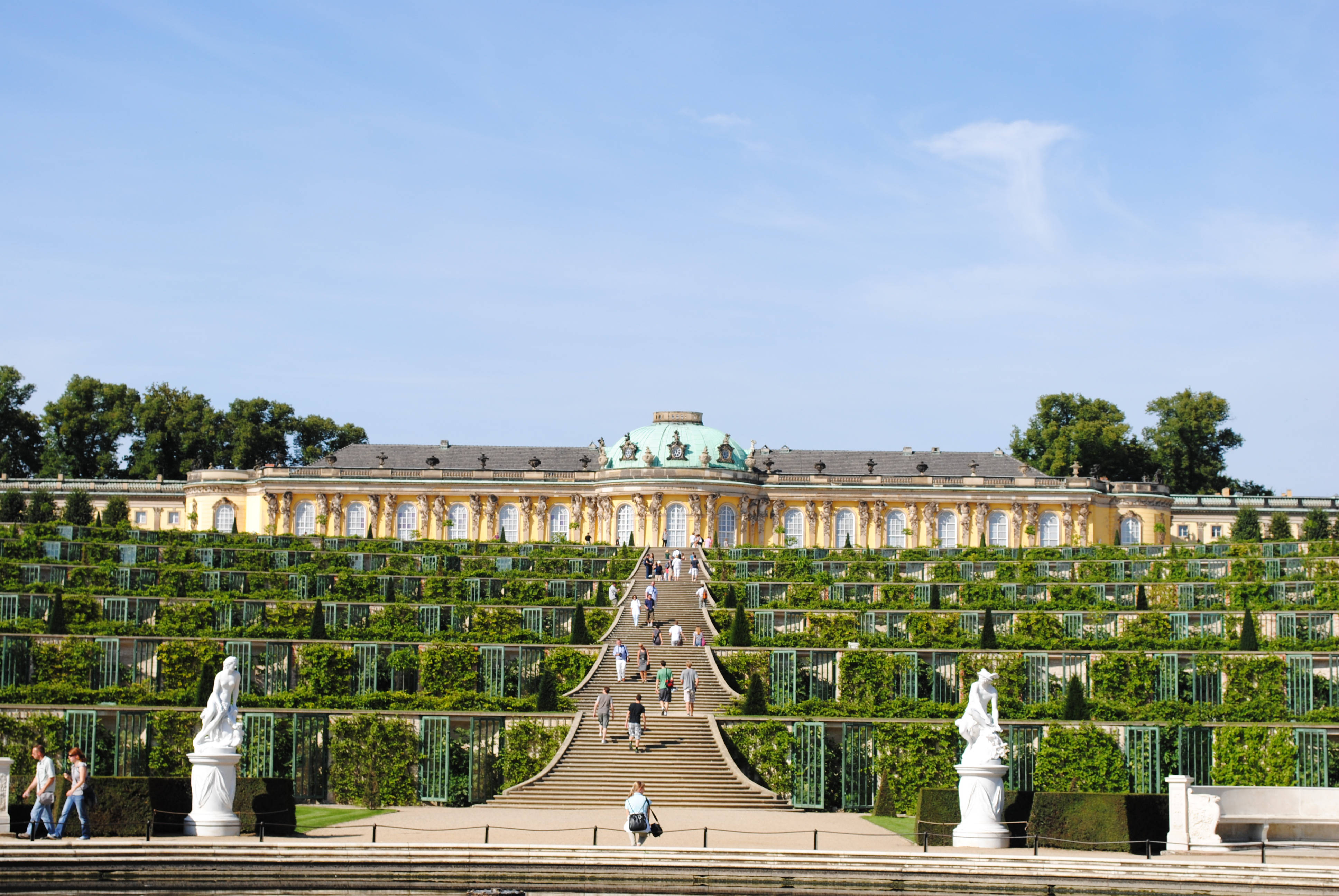 Potsdam 桌布 壁紙 — 宏偉的巴洛克式宮殿，金色外牆和綠色梯田花園，在清澈的藍天下。