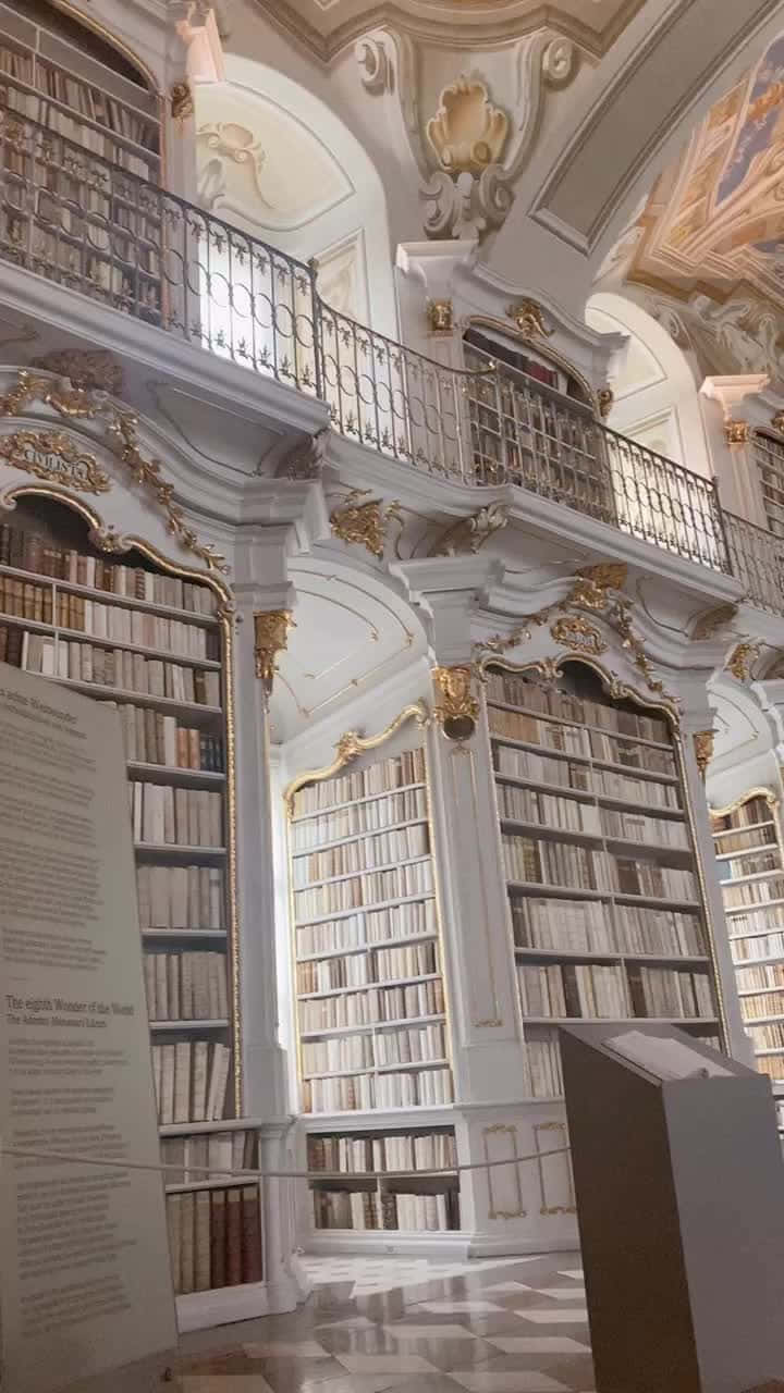 Library 桌布 壁紙 — 宏偉的巴洛克風格圖書館，飾有華麗的金色邊框、白色牆壁，拱形天花板下聳立著高聳的書架。