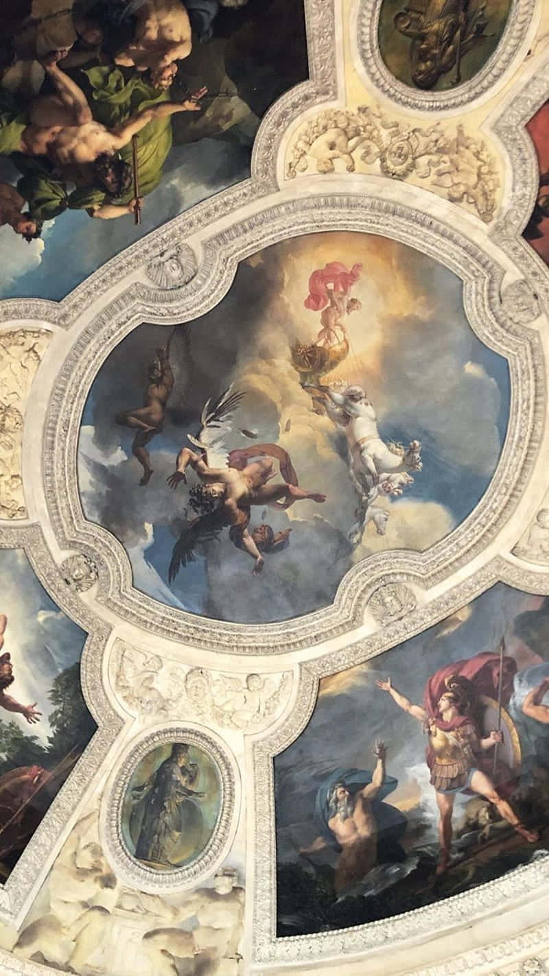 Angel Aesthetic Clouds 桌布 壁紙 — 宏偉的巴洛克風格天花板壁畫，描繪神話人物在雲端和華麗灰泥框架中擺出動態姿勢。