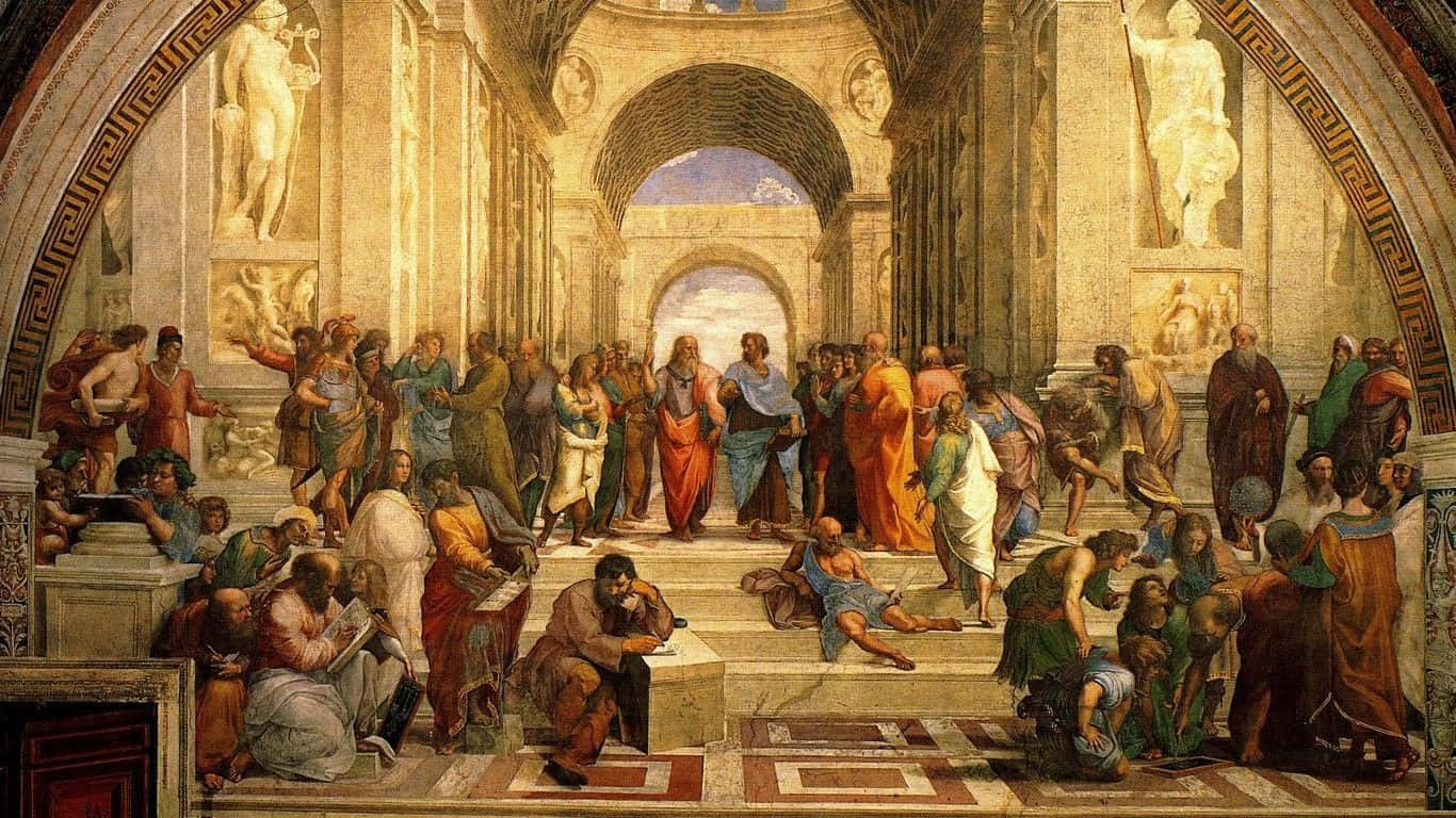 Renaissance 桌布 壁紙 — 宏偉的文藝復興壁畫，描繪哲學家和學者在陽光明媚的古典大廳中辯論，大廳裝飾著雕像和幾何圖案。