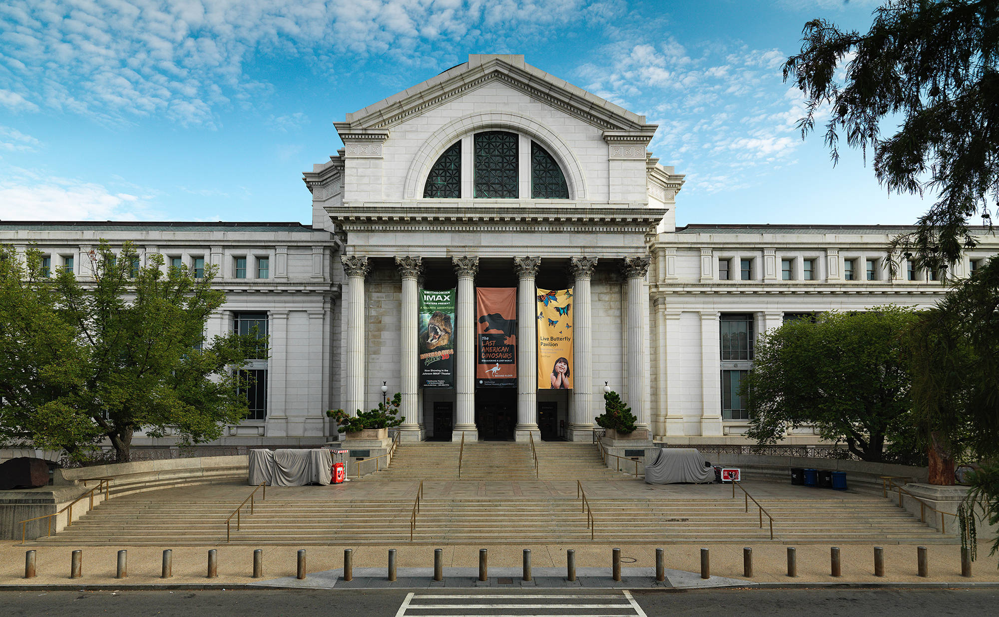 Smithsonian 桌布 壁紙 — 宏偉的新古典主義博物館，擁有白色石柱和拱形窗戶，在明亮的藍天下散佈著雲朵。