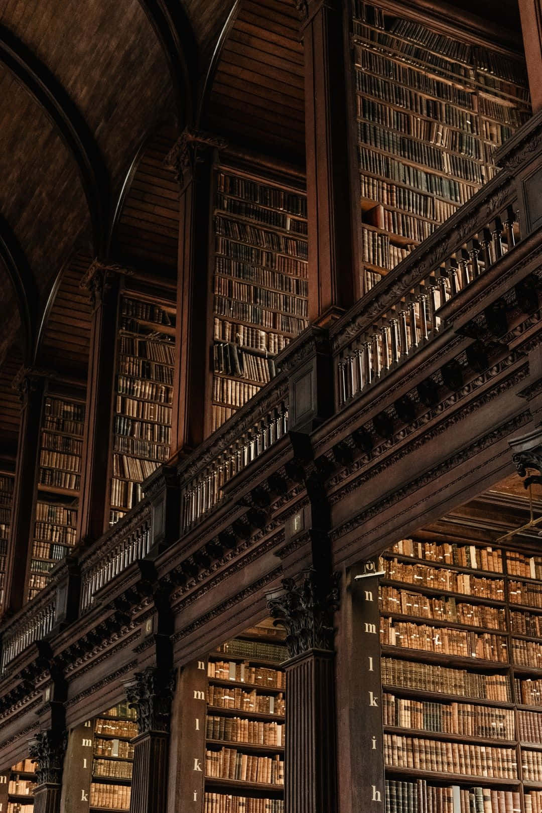 The Hogwarts Library 桌布 壁紙 — 宏偉的木製圖書館，擁有高聳的書架和華麗的欄杆，沐浴在溫暖的金色光芒中。