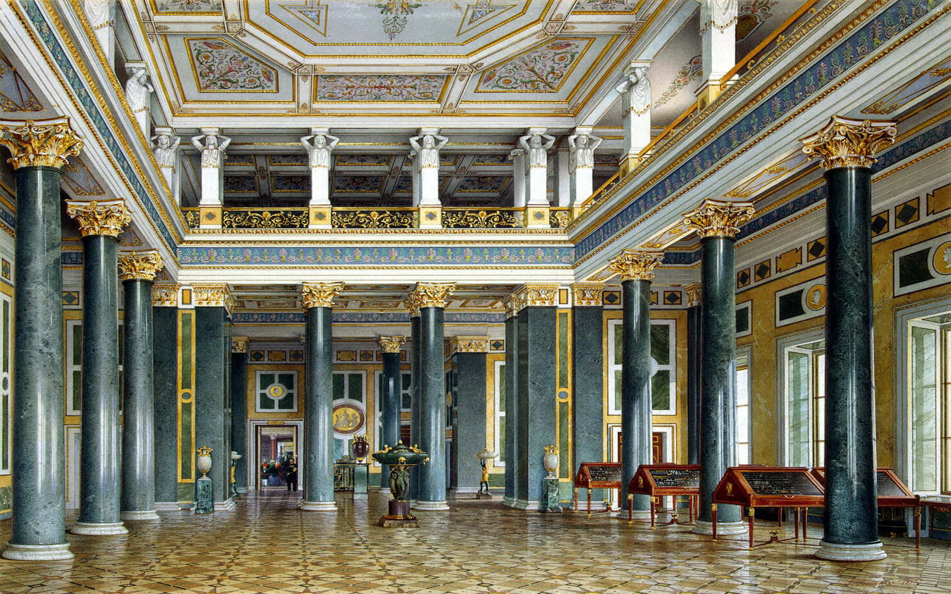 電腦 桌布 壁紙 — 宏偉的皇宮大廳，有高聳的深色大理石柱和華麗的金邊天花板，沐浴在自然光之中。