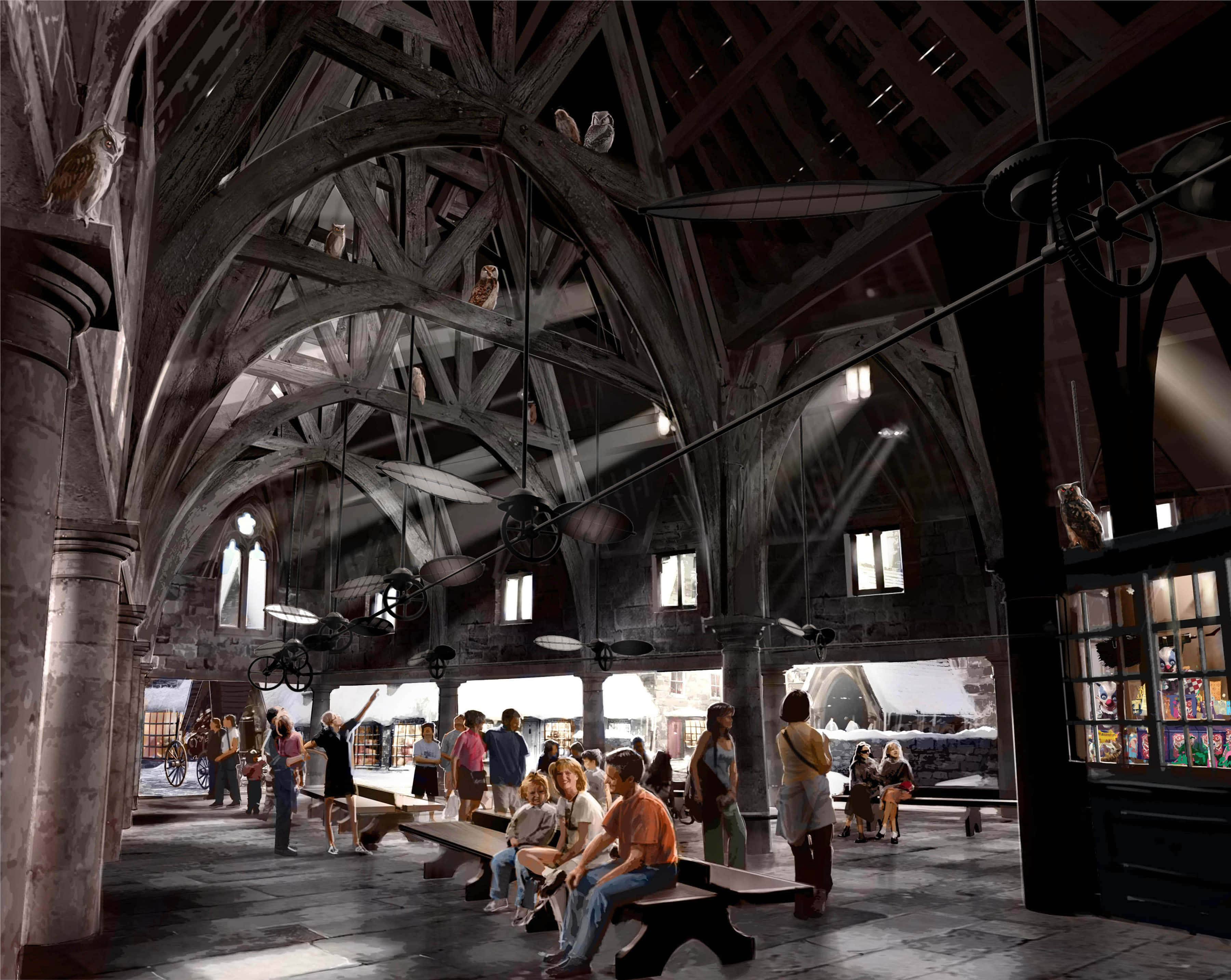 The Hogwarts Owlery 桌布 壁紙 — 宏偉的石廳，高聳的木樑，貓頭鷹棲息在上方，人們在溫暖燈光下聚集在長凳周圍。